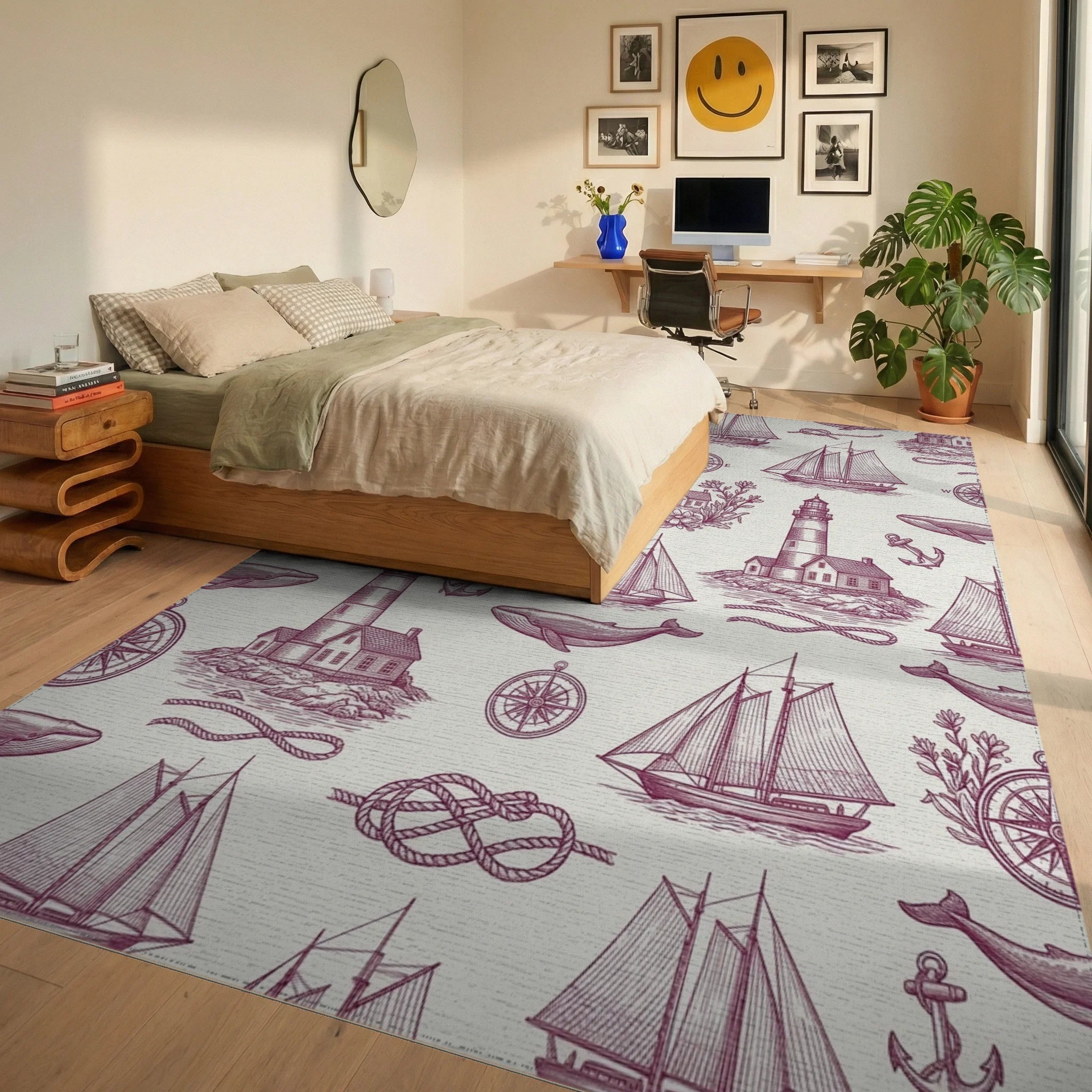 Vintage Nautical Lighthouse Whale Sailboat Rope Rug Bedroom View