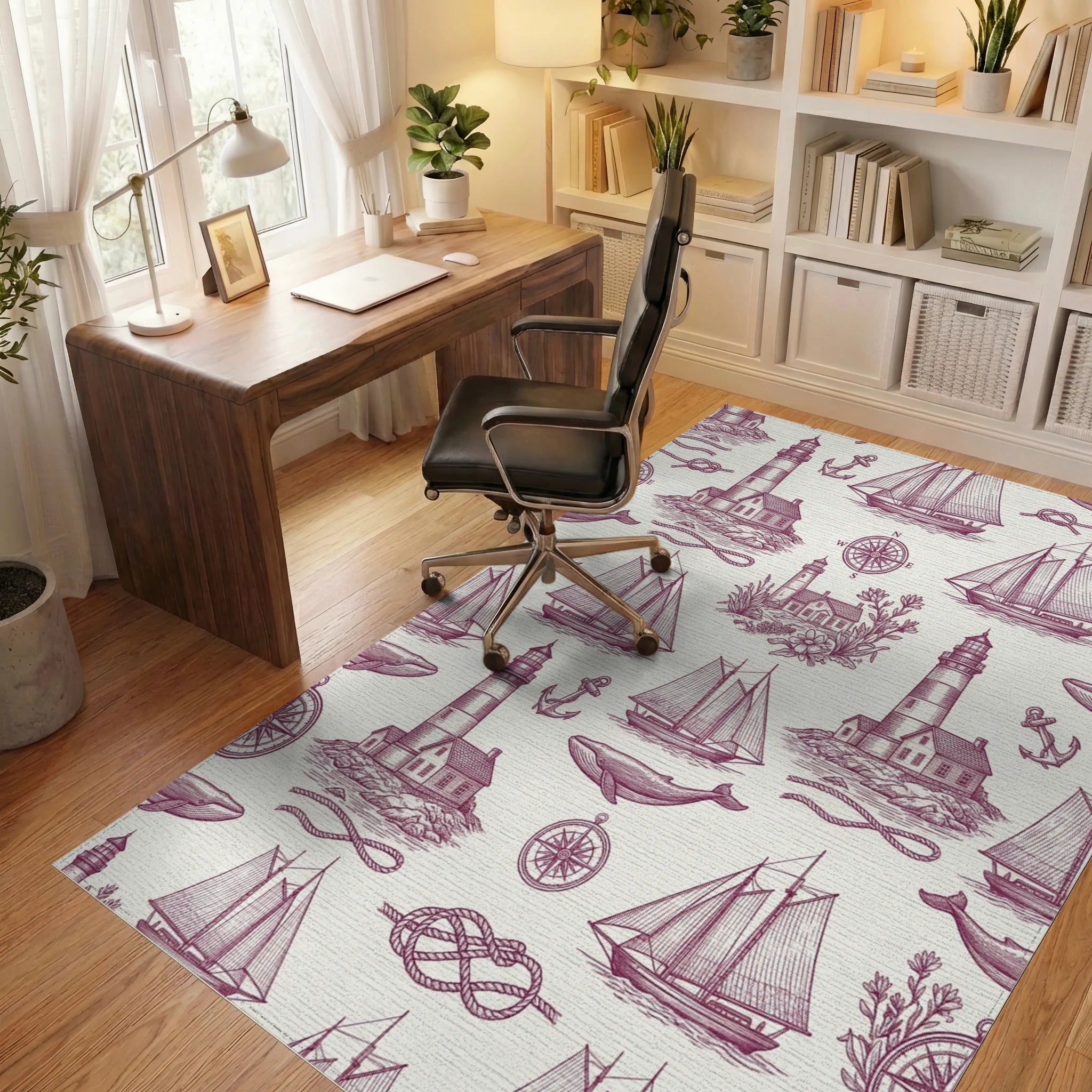 Vintage Nautical Lighthouse Whale Sailboat Rope Rug Office View