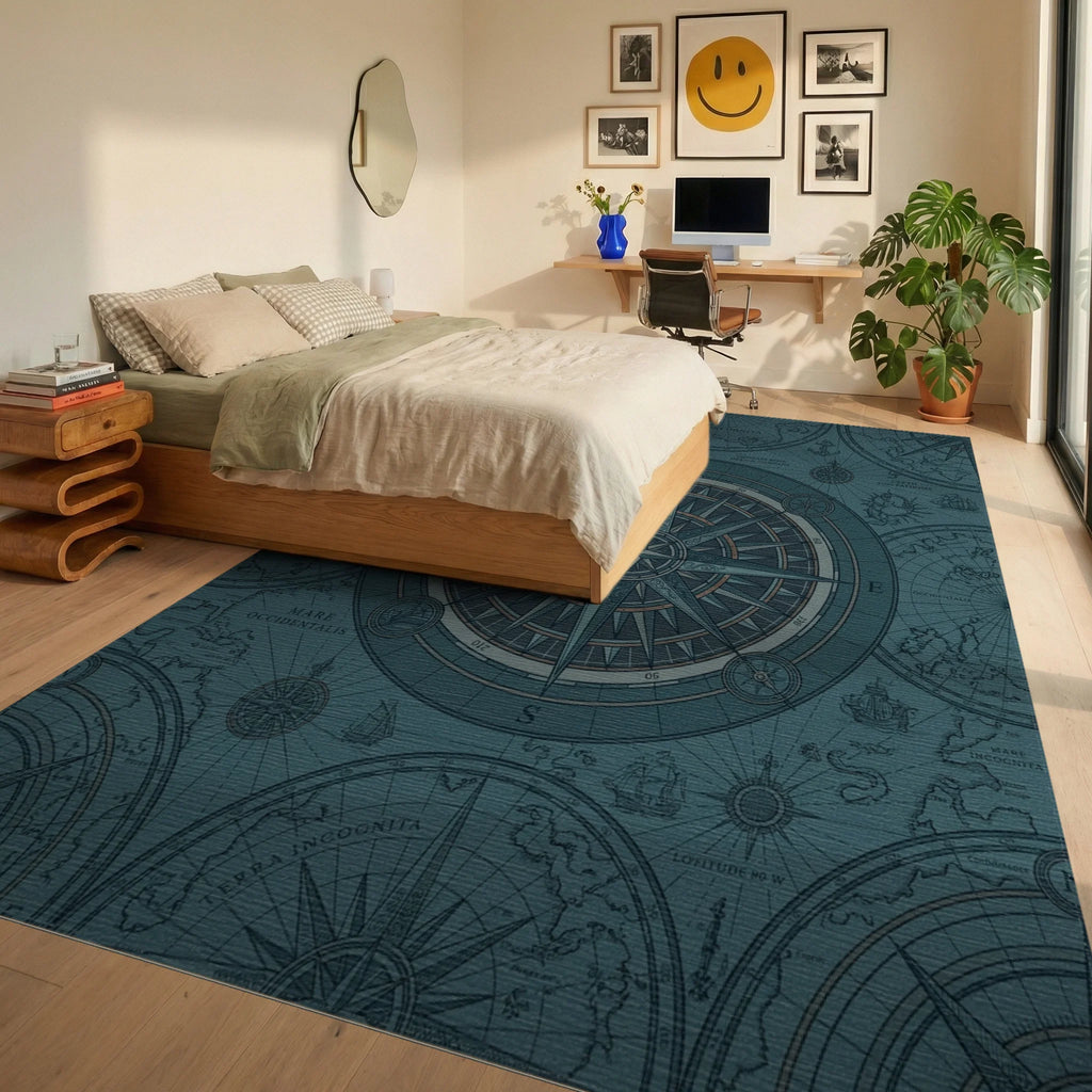 Vintage Nautical Map Compass Rose Rug Bedroom View