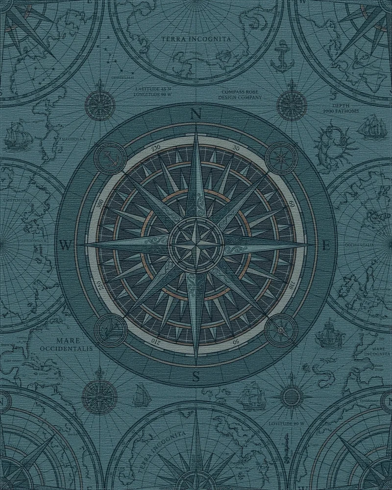 Vintage Nautical Map Compass Rose Rug - Cutout View