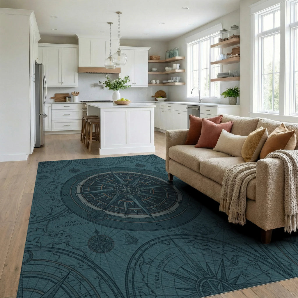 Vintage Nautical Map Compass Rose Rug Living Room View