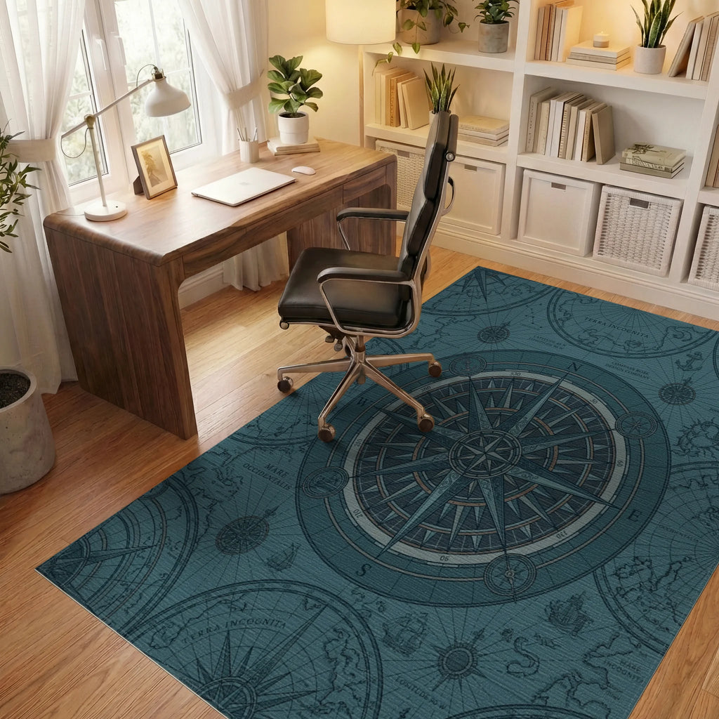 Vintage Nautical Map Compass Rose Rug Office View