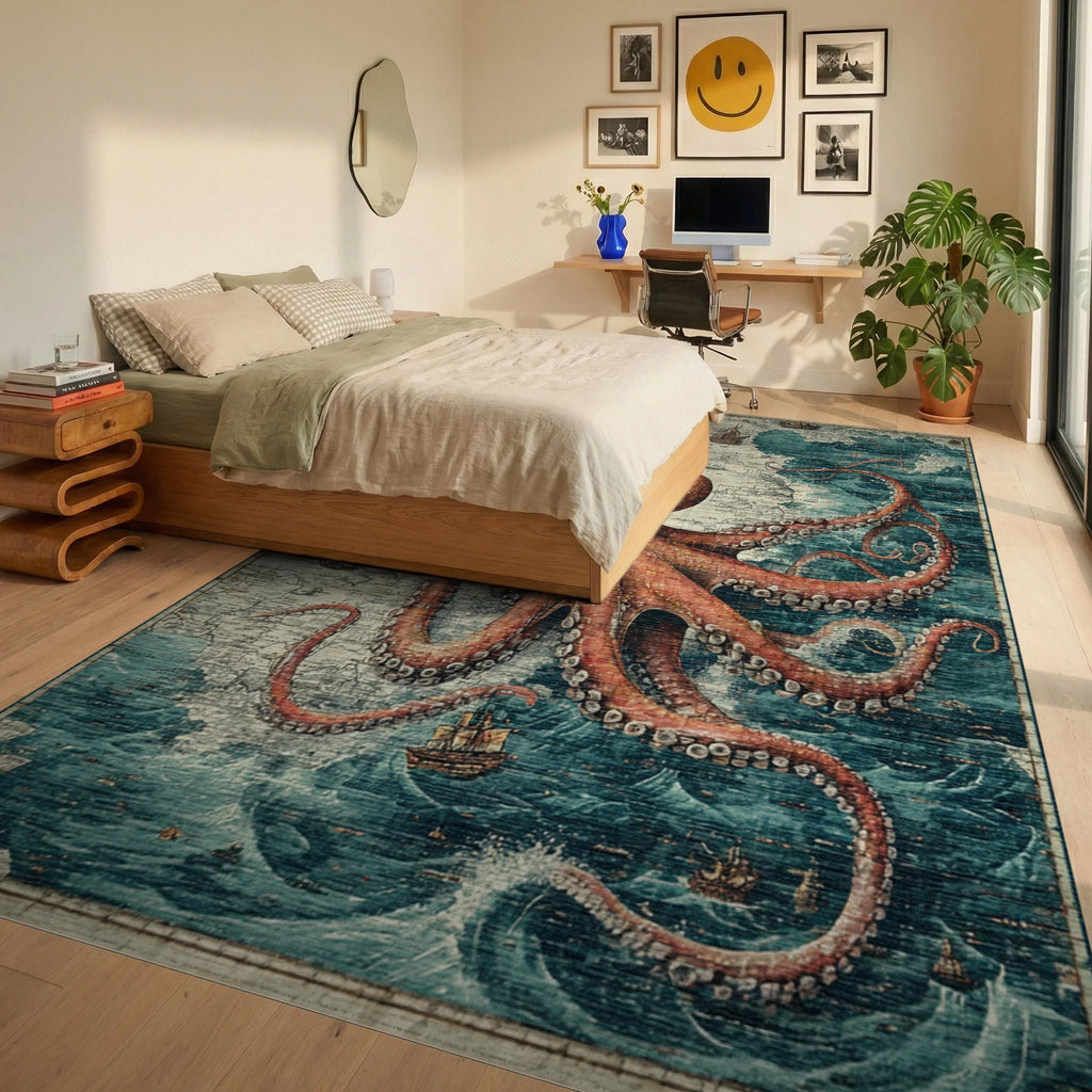 Vintage Nautical Octopus Map Rug Bedroom View