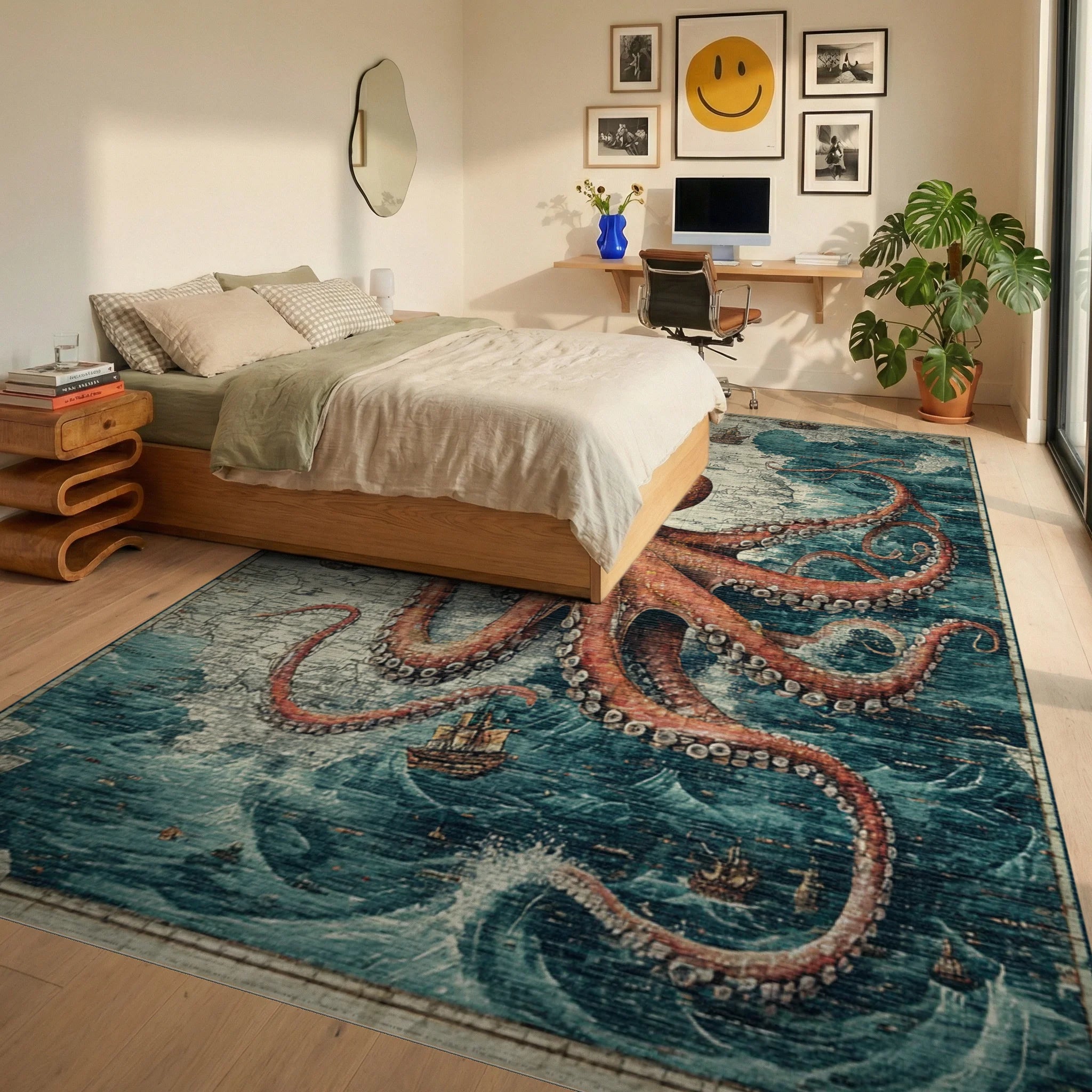 Vintage Nautical Octopus Map Rug Bedroom View