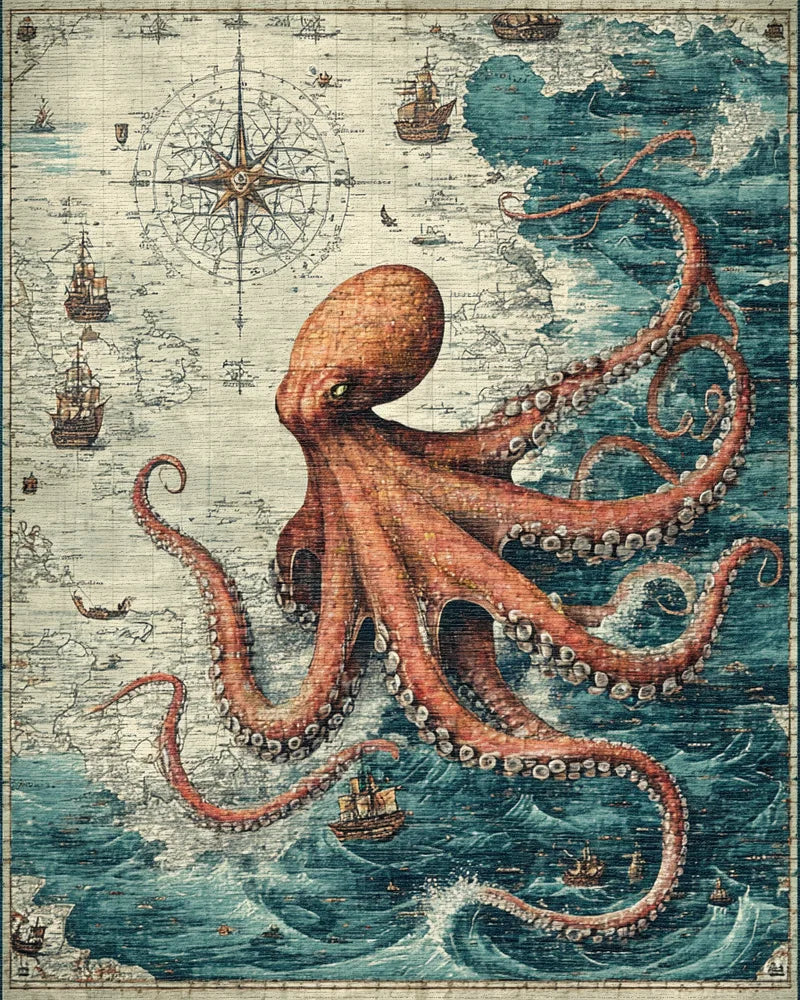 Vintage Nautical Octopus Map Rug - Cutout View