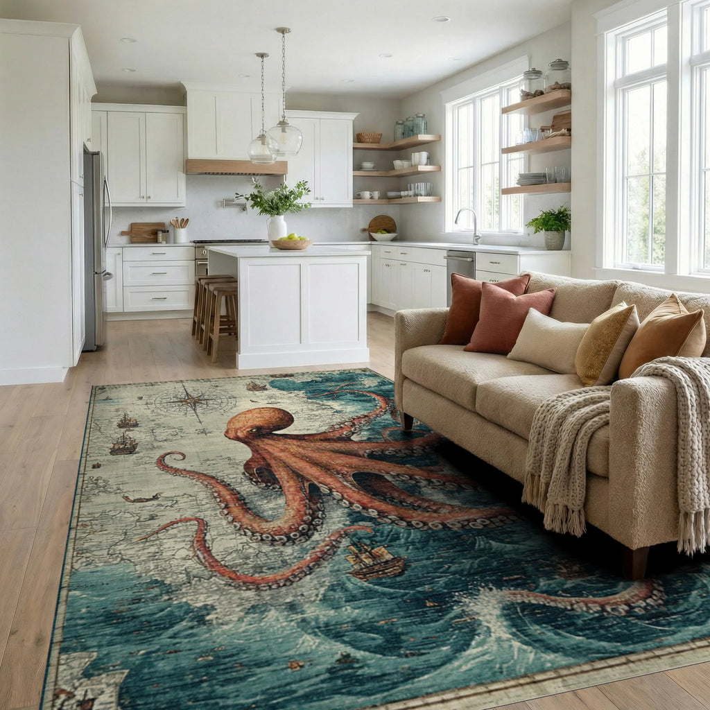 Vintage Nautical Octopus Map Rug Living Room View