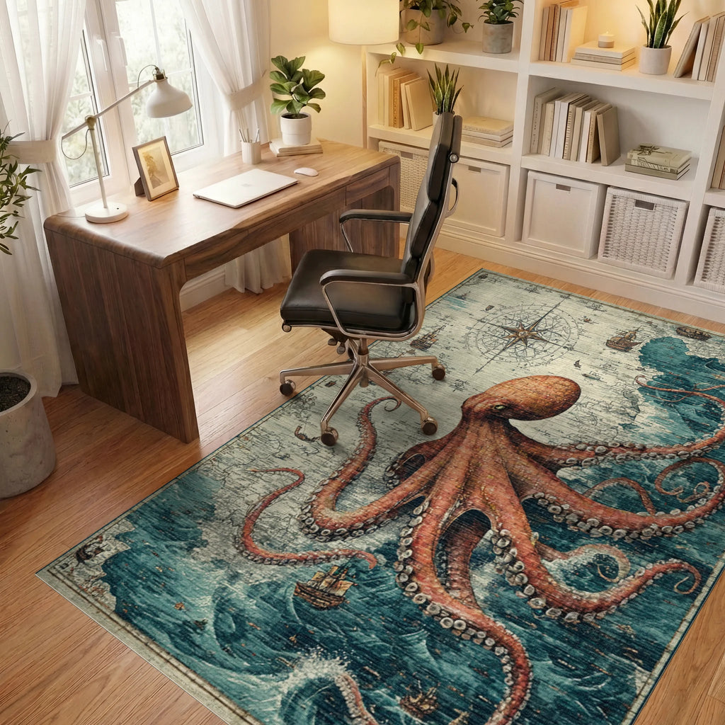 Vintage Nautical Octopus Map Rug Office View