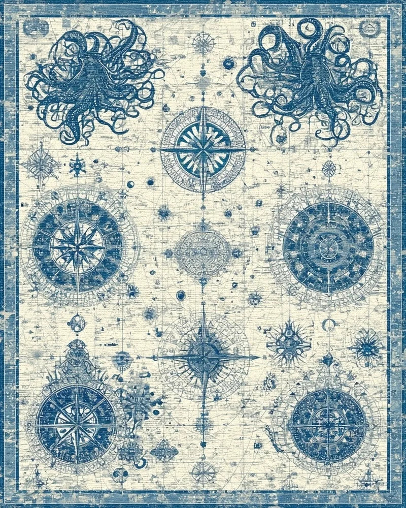 Vintage Navy Octopus Compass Rug - Cutout View