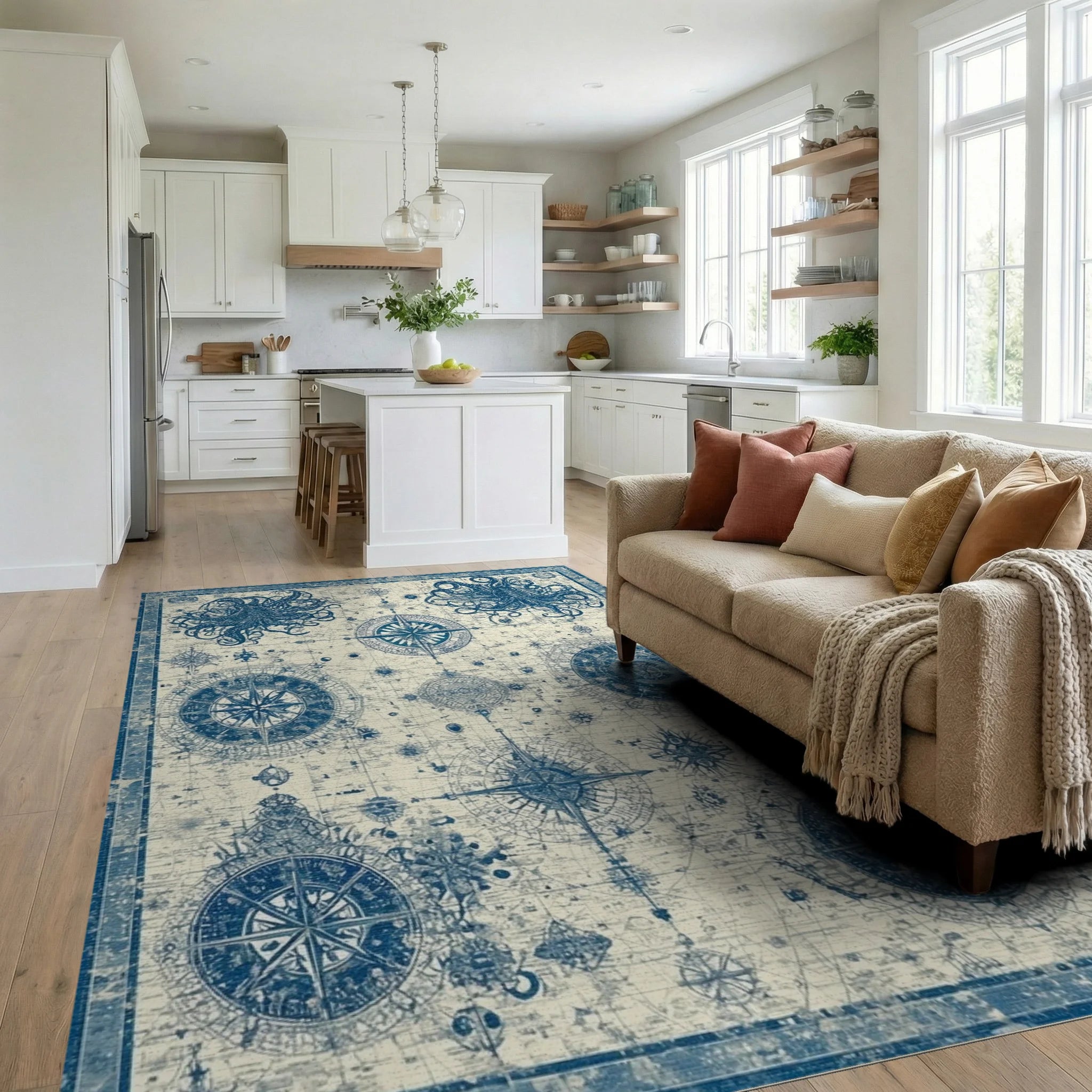 Vintage Navy Octopus Compass Rug - Living Room View
