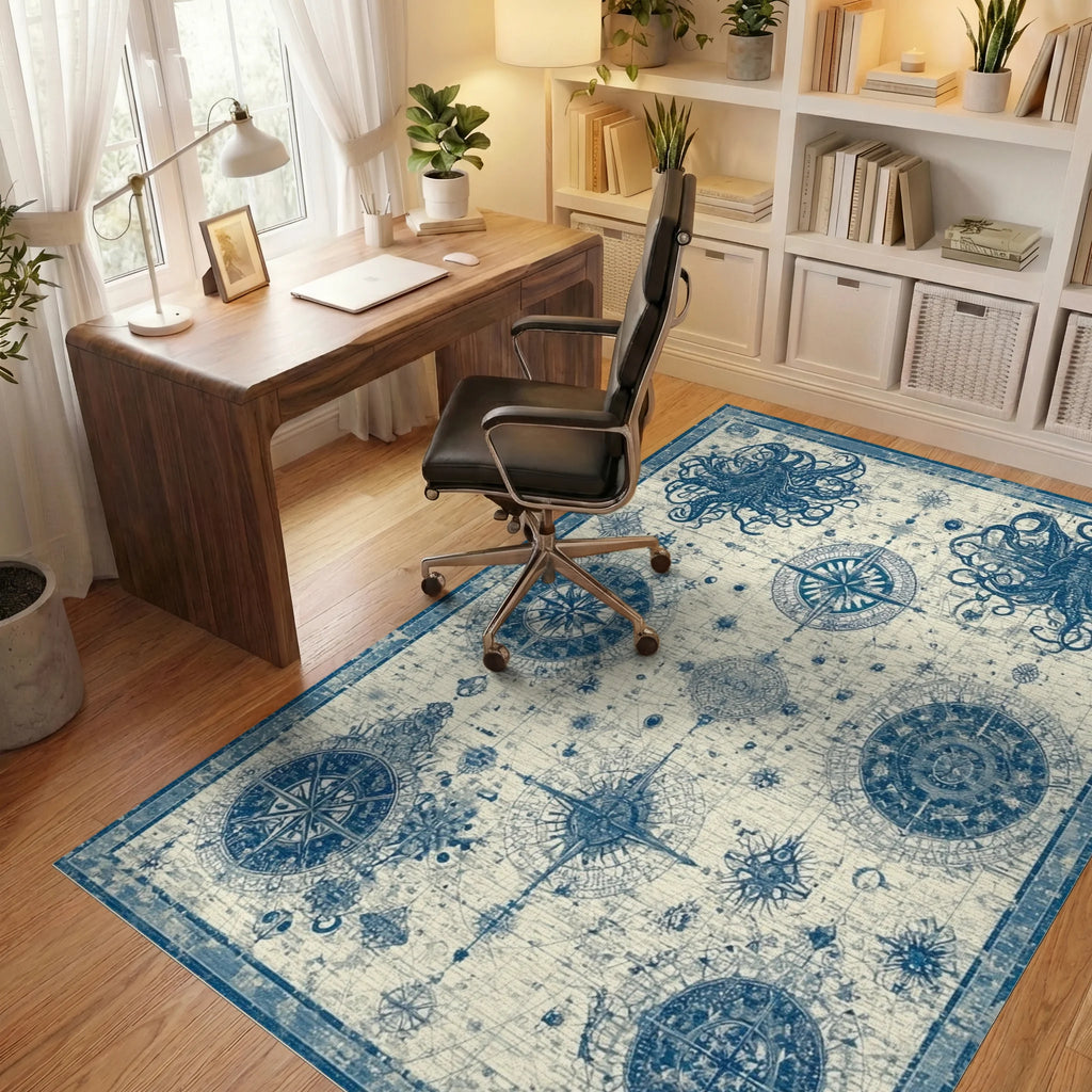 Vintage Navy Octopus Compass Rug - Office View