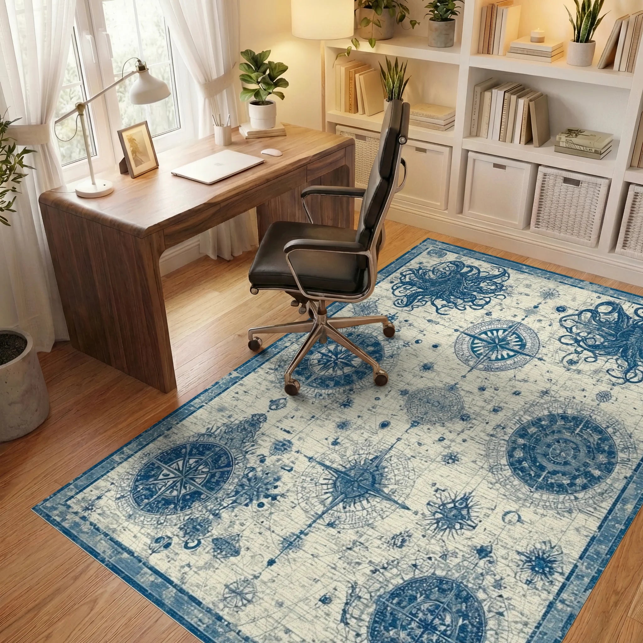 Vintage Navy Octopus Compass Rug - Office View