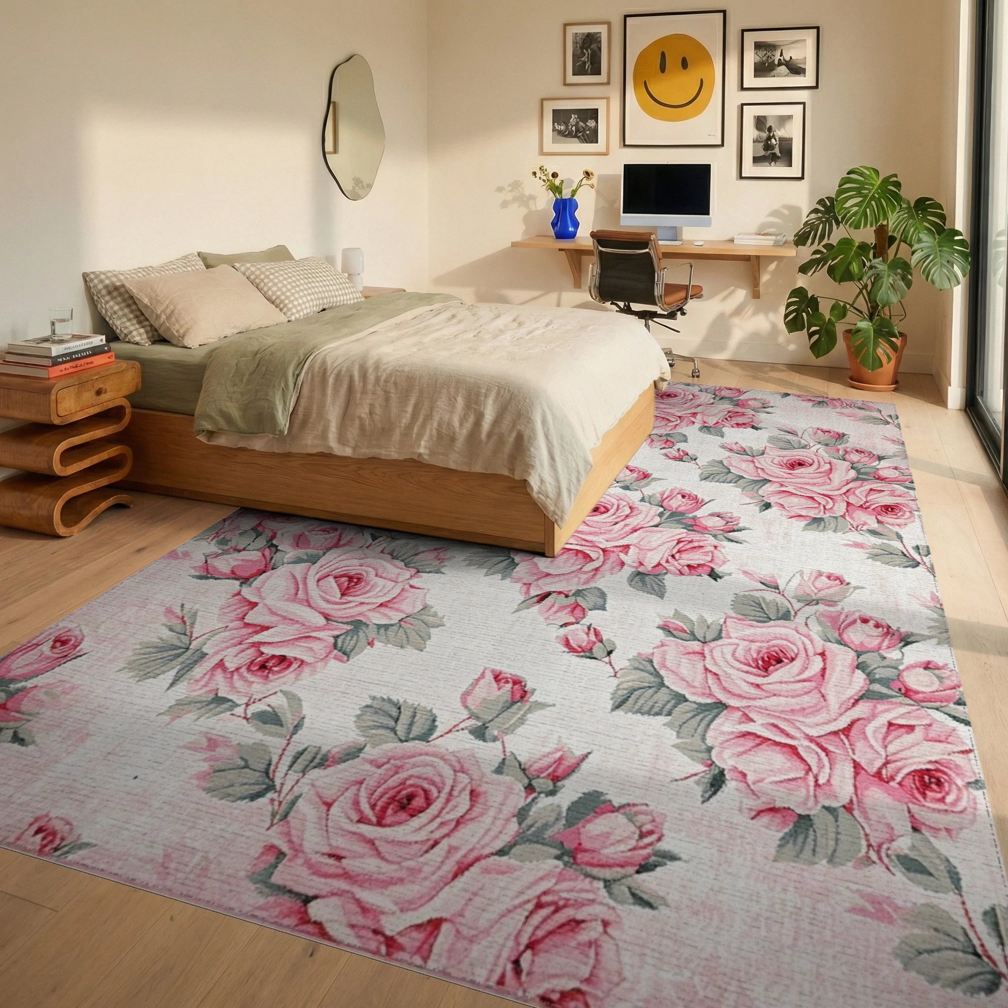 Vintage Pink Rose Garden Arrangement Rug - Bedroom View