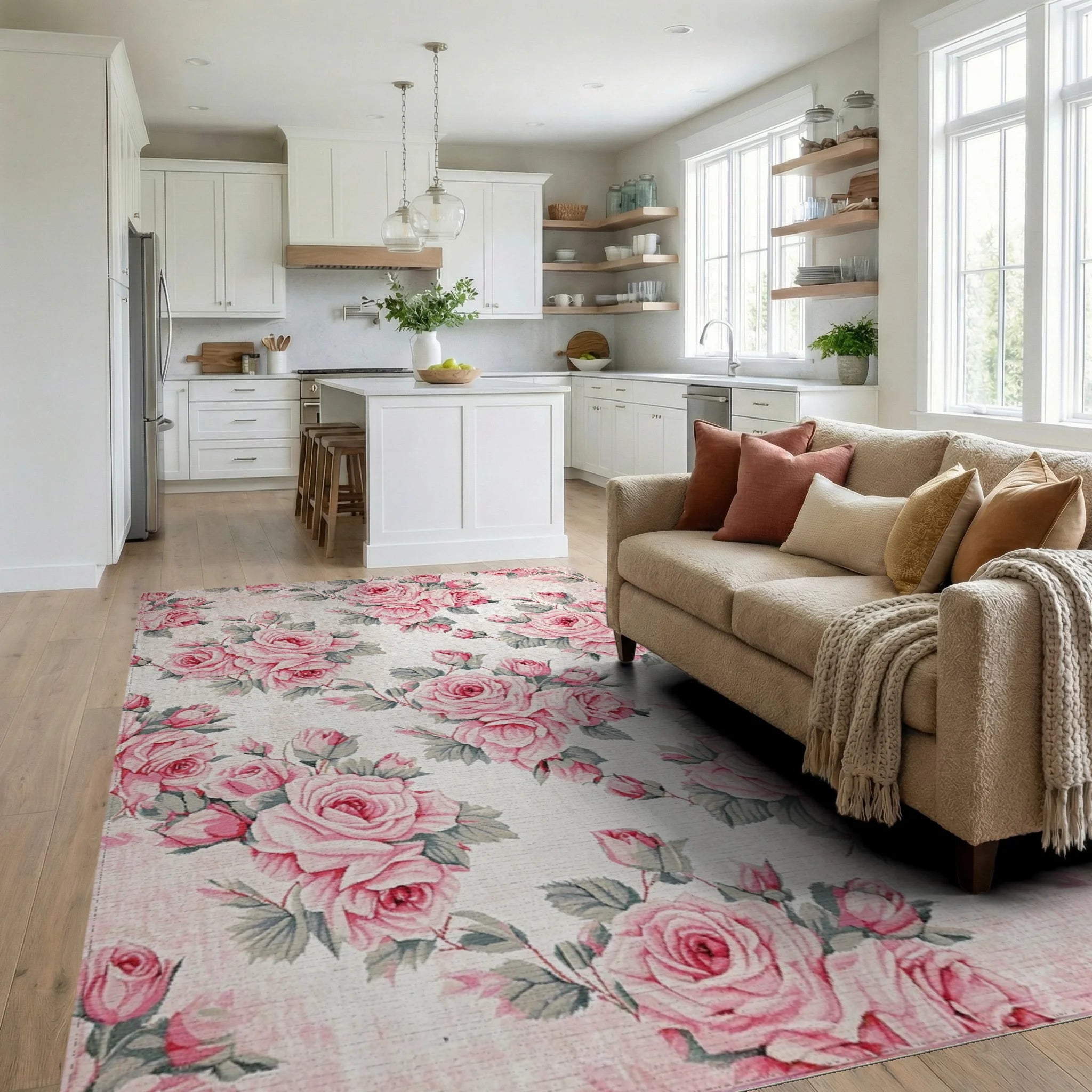 Vintage Pink Rose Garden Arrangement Rug - Living Room View