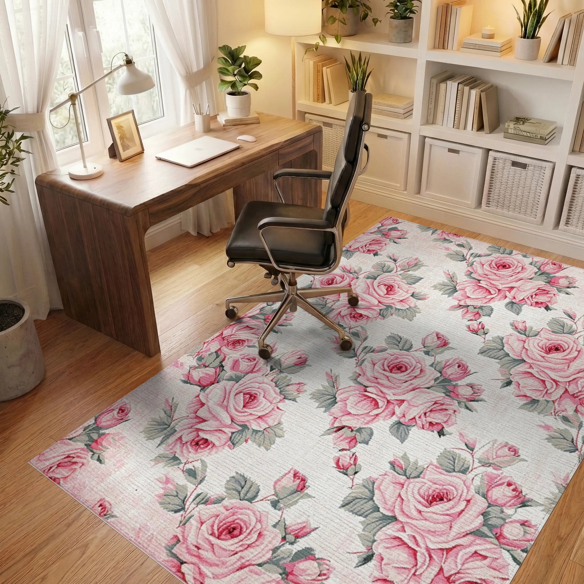 Vintage Pink Rose Garden Arrangement Rug - Office View
