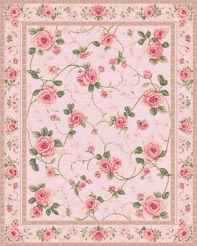 Vintage Pink Rose Garden Floral Rug - Cutout View