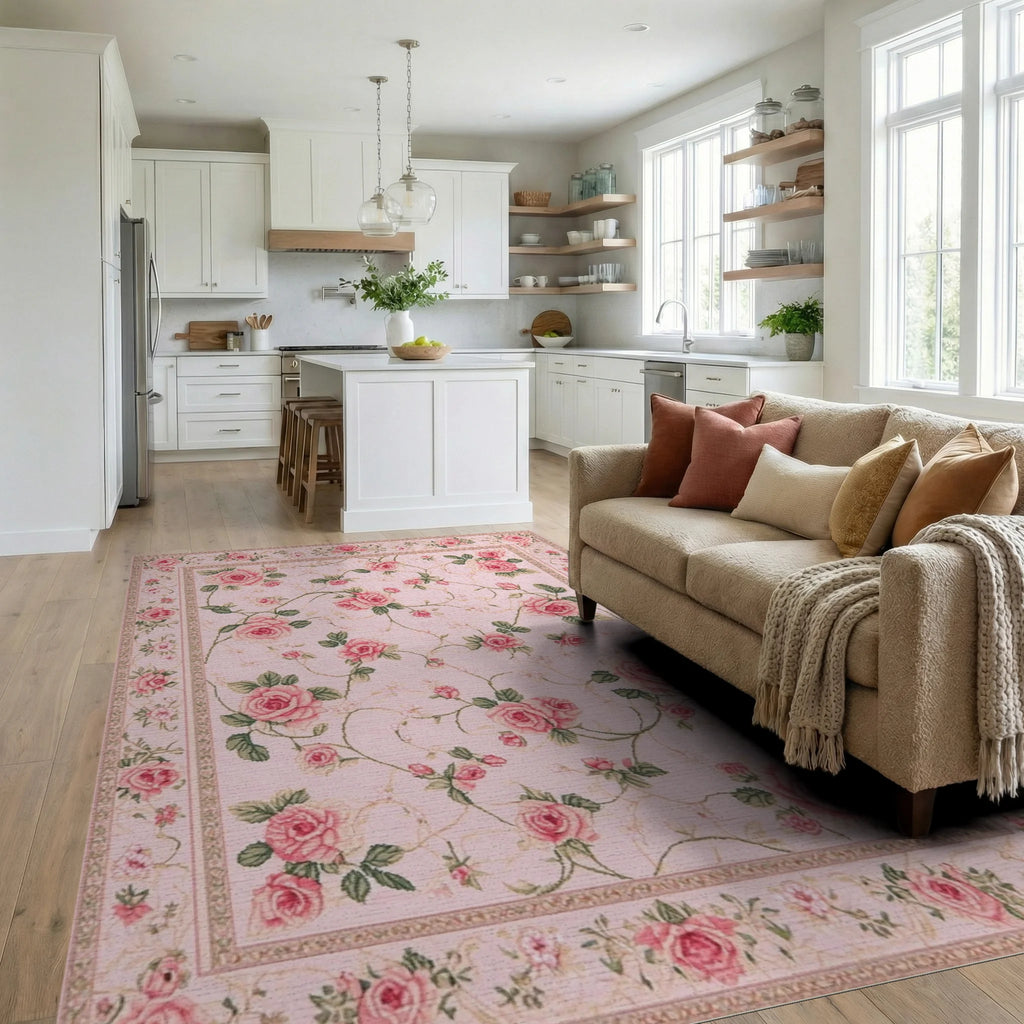 Vintage Pink Rose Garden Floral Rug - Living Room View