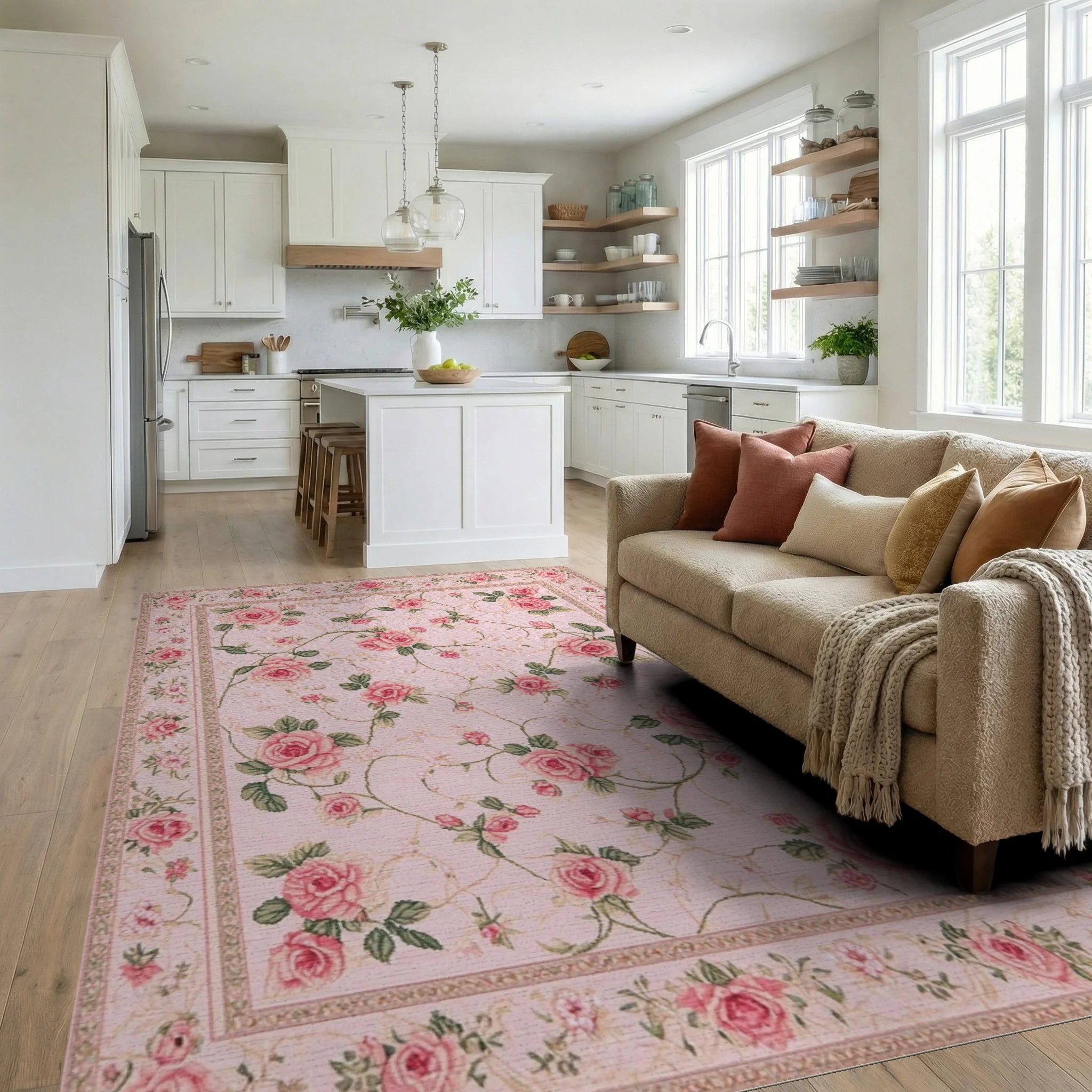 Vintage Pink Rose Garden Floral Rug - Living Room View