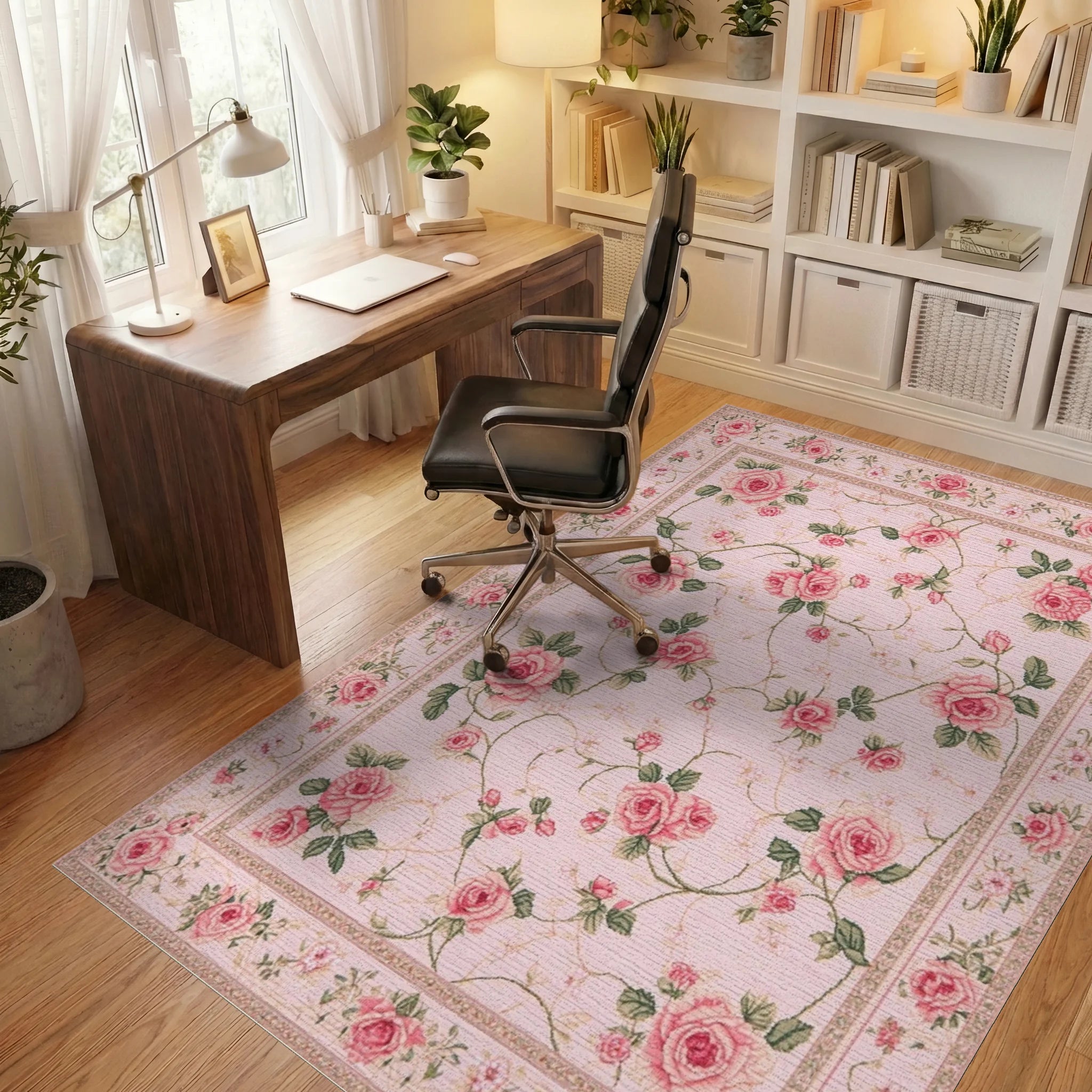 Vintage Pink Rose Garden Floral Rug - Office View