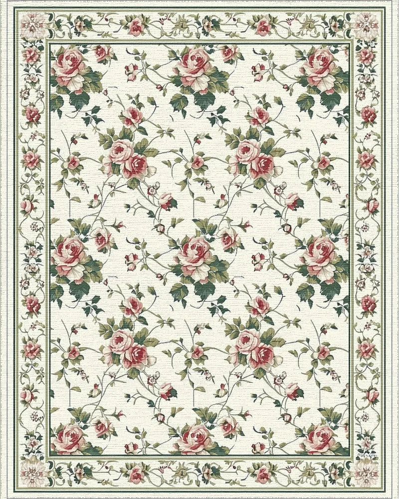 Vintage Pink Roses Green Vines Rug - Cutout View