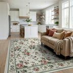 Vintage Pink Roses Green Vines Rug - Living Room View