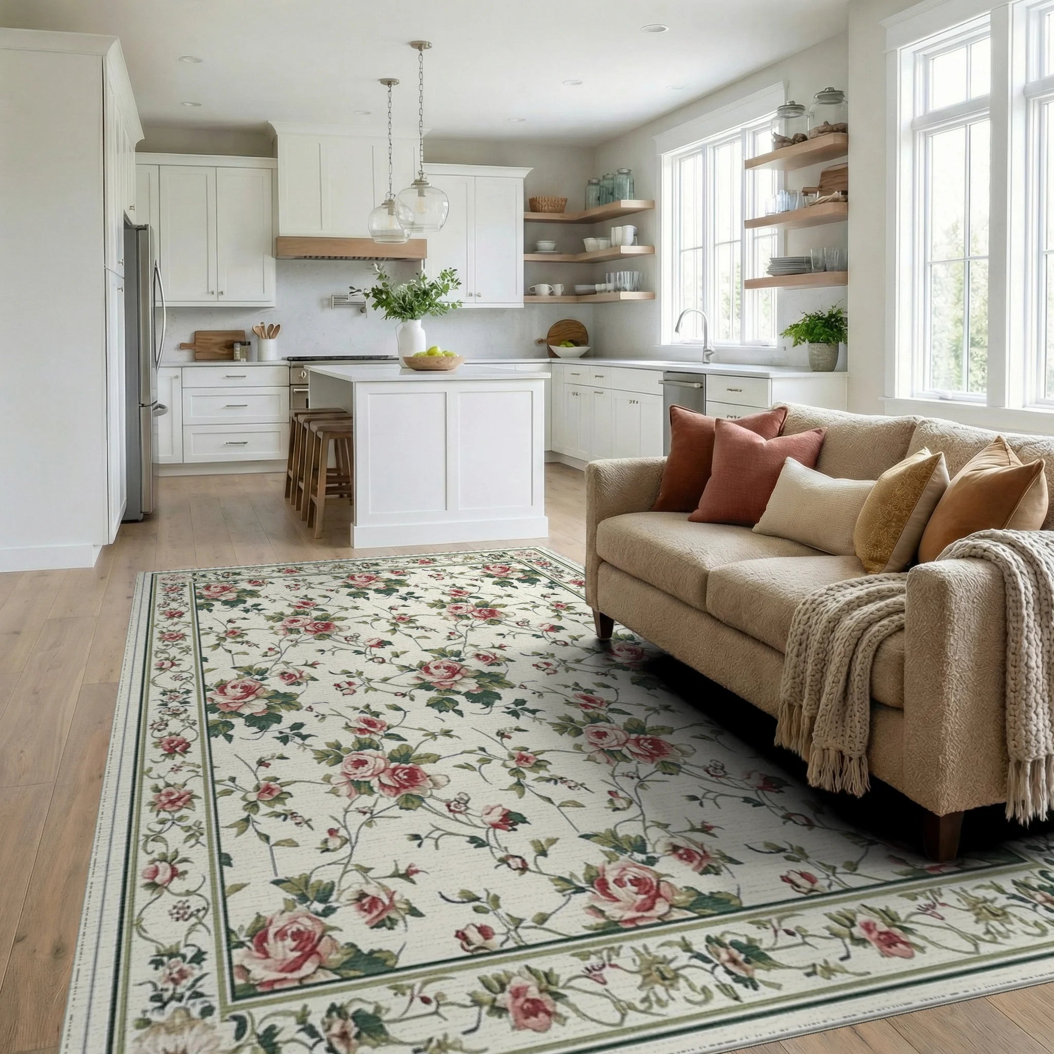 Vintage Pink Roses Green Vines Rug - Living Room View