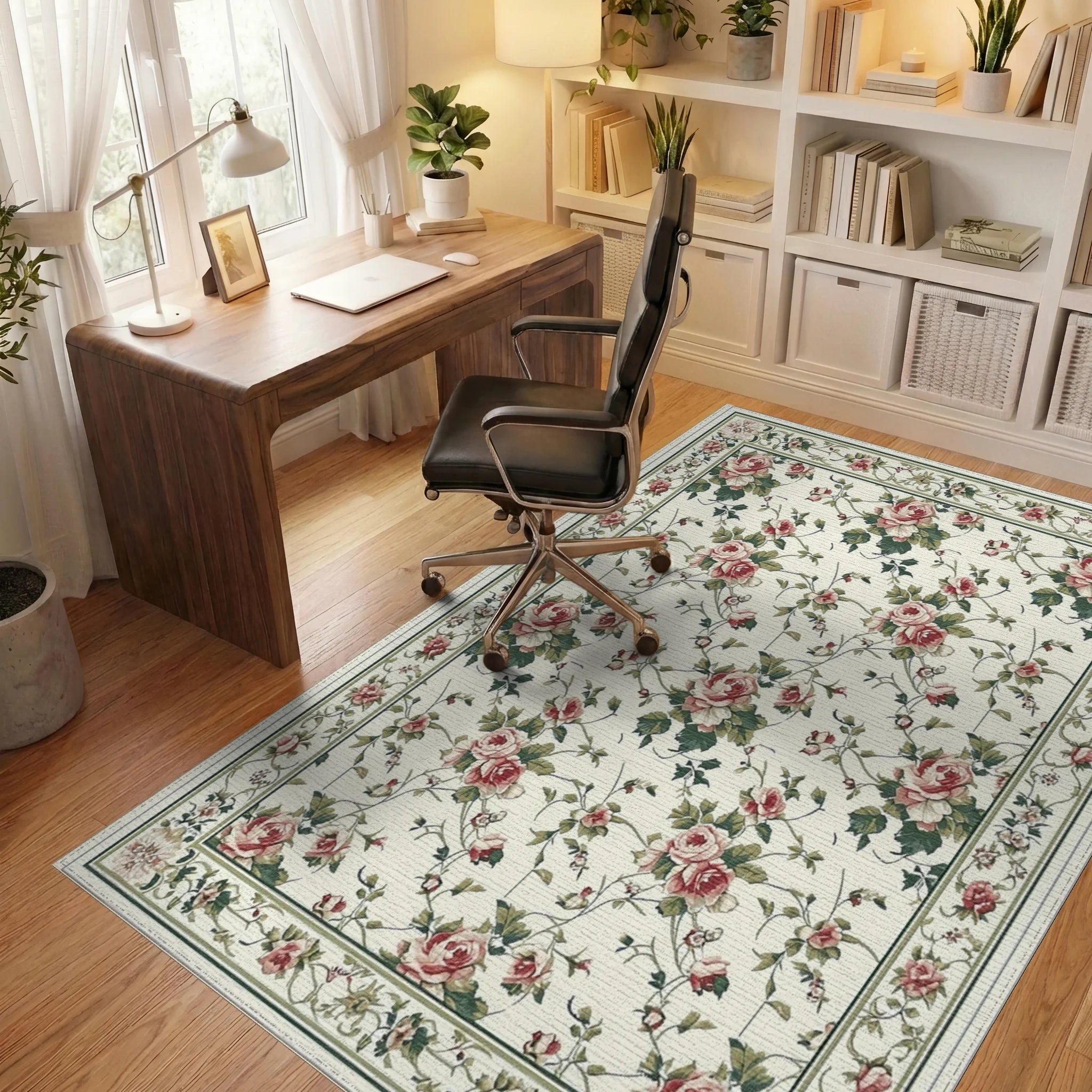 Vintage Pink Roses Green Vines Rug - Office View
