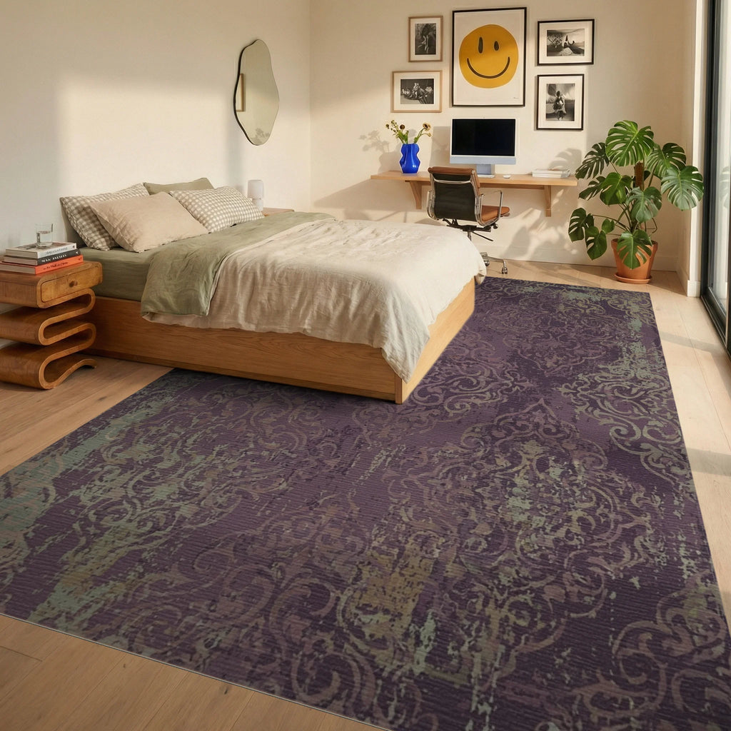 Vintage Plum Damask Scroll Rug Bedroom View