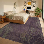 Vintage Plum Damask Scroll Rug Bedroom View
