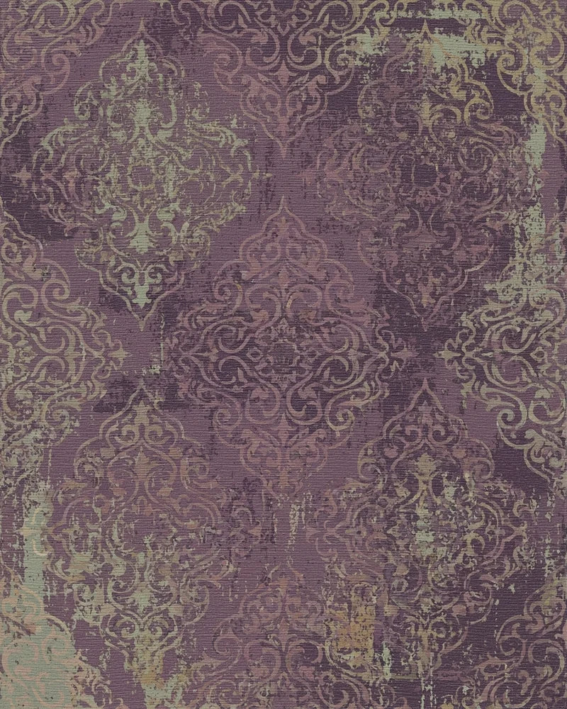 Vintage Plum Damask Scroll Rug - Cutout View