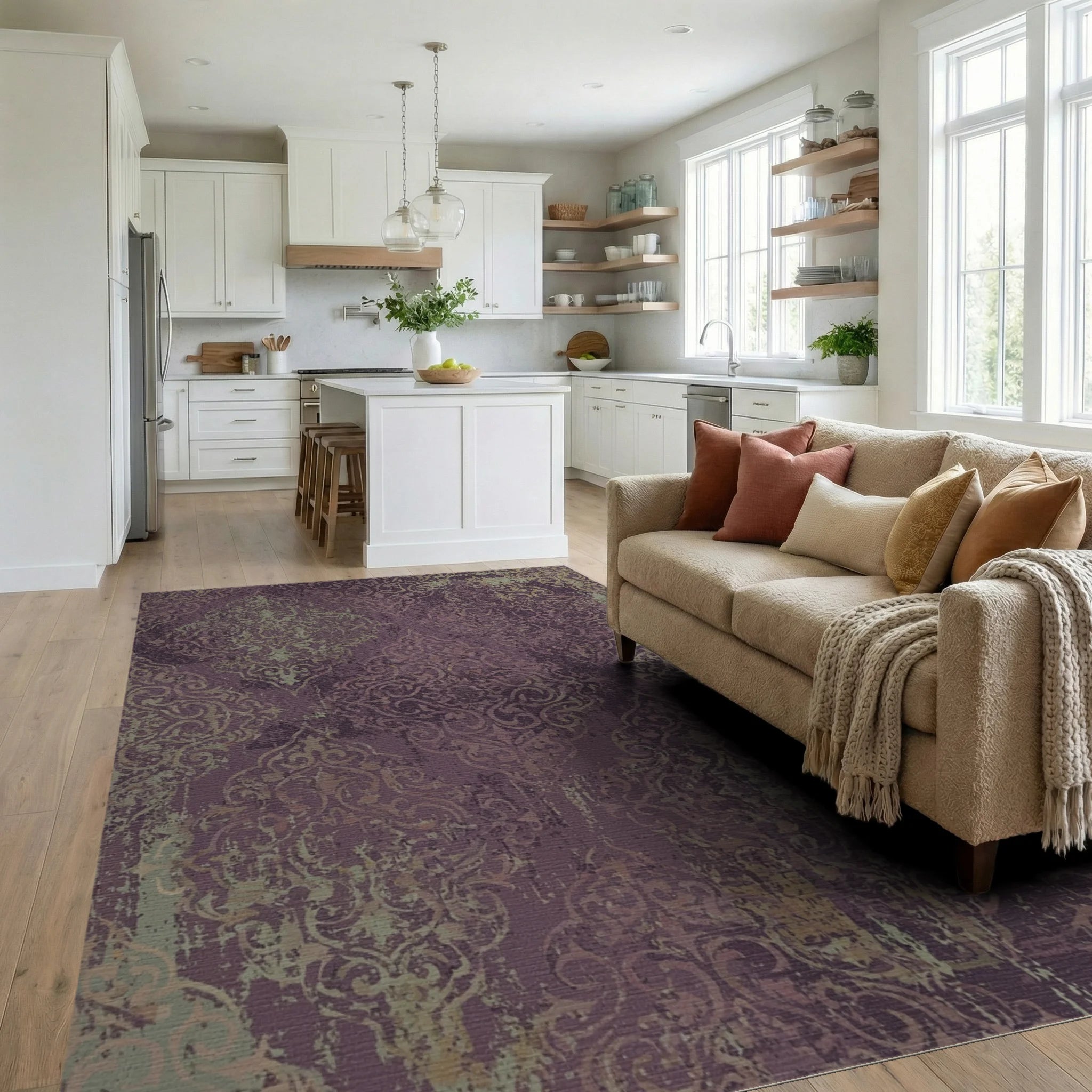 Vintage Plum Damask Scroll Rug Living Room View