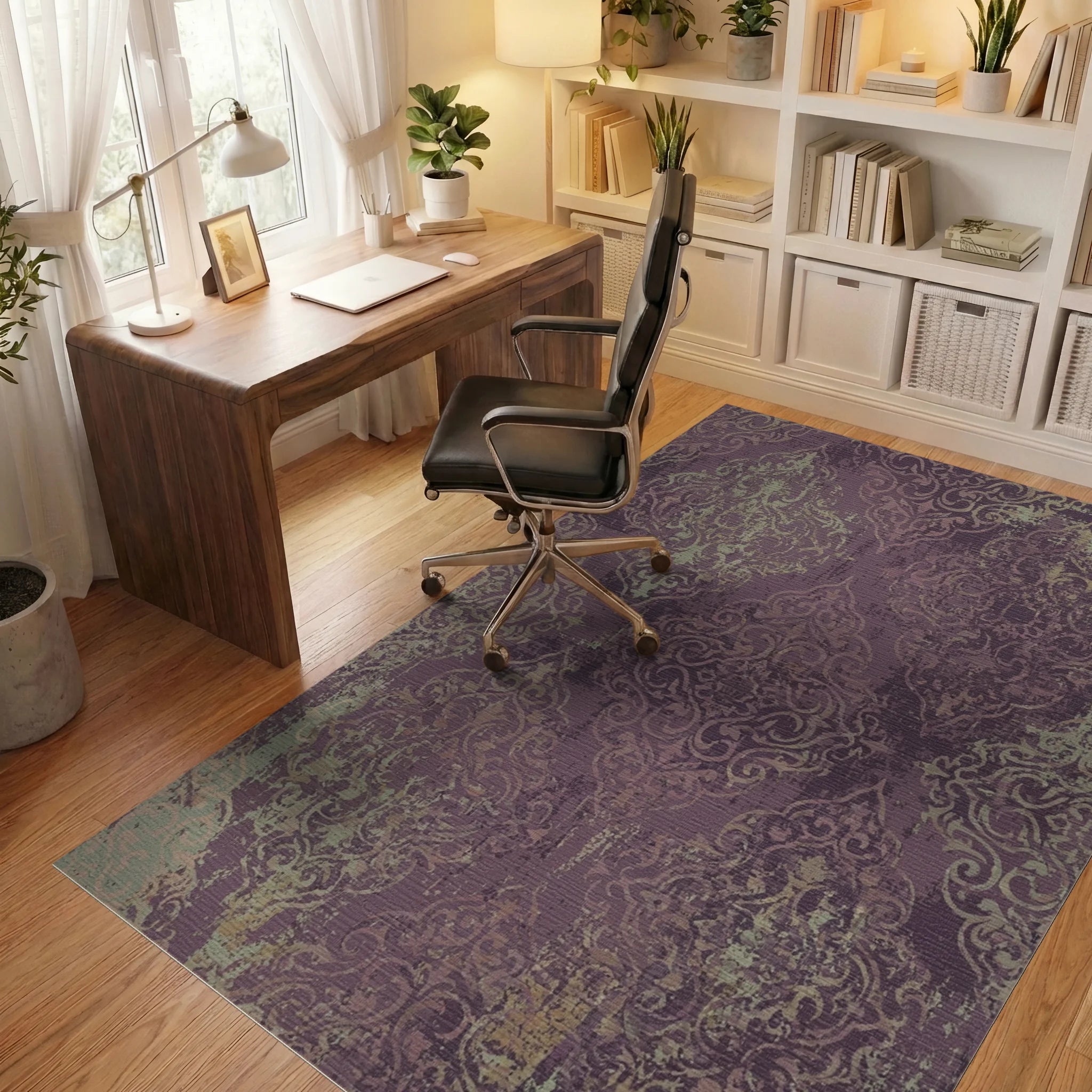 Vintage Plum Damask Scroll Rug Office View