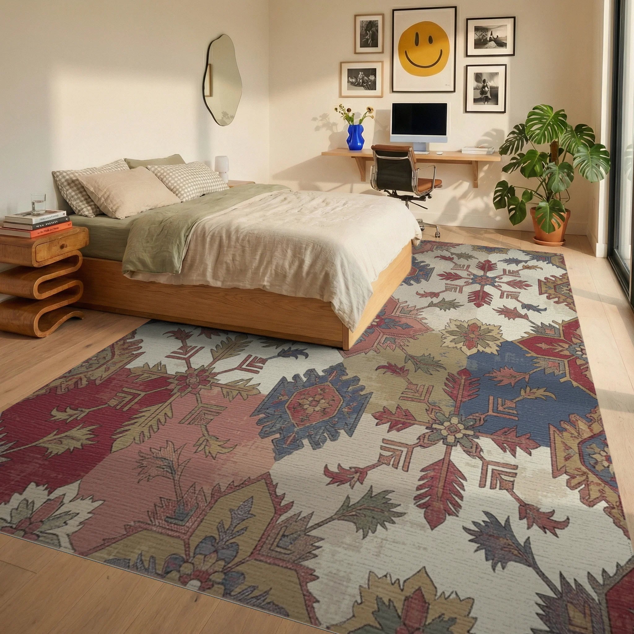 Vintage Red Blue Medallion Patchwork Rug Bedroom View