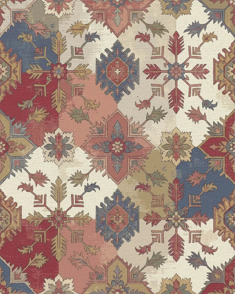Vintage Red Blue Medallion Patchwork Rug - Cutout View