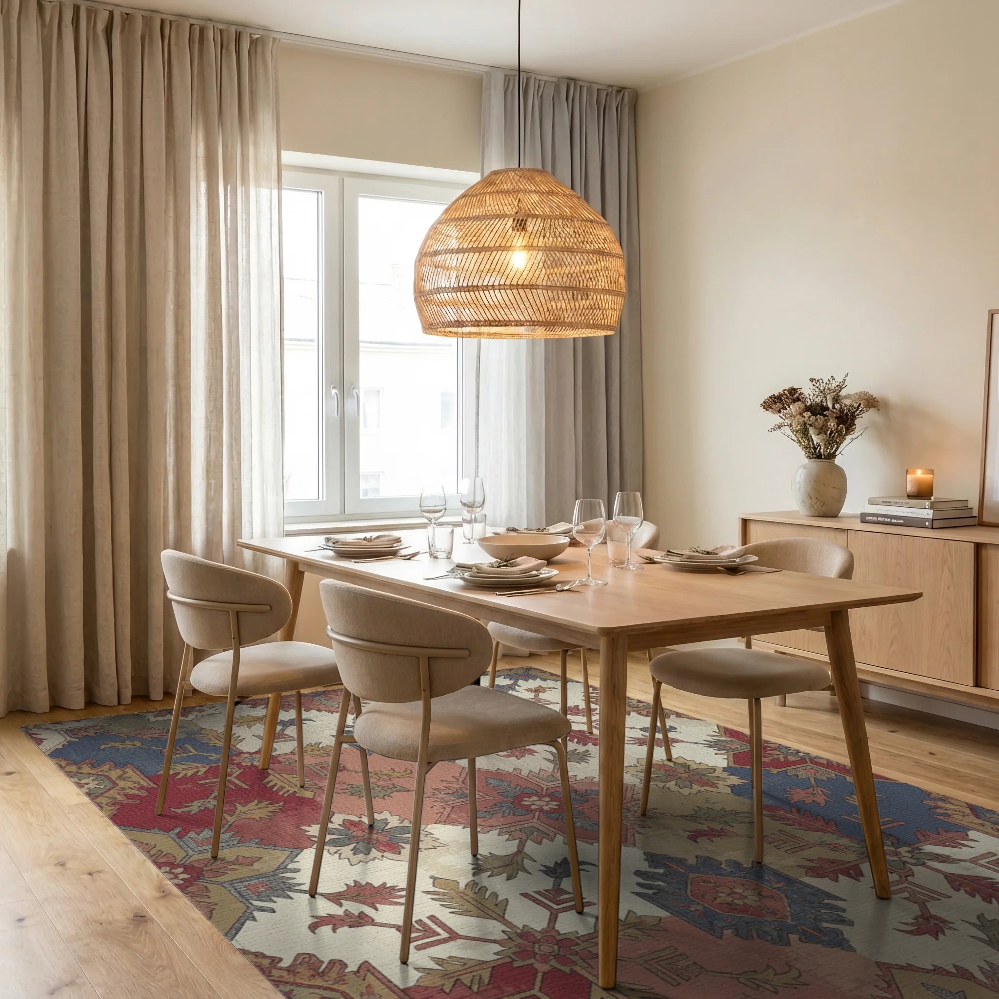 Vintage Red Blue Medallion Patchwork Rug Dining Room View