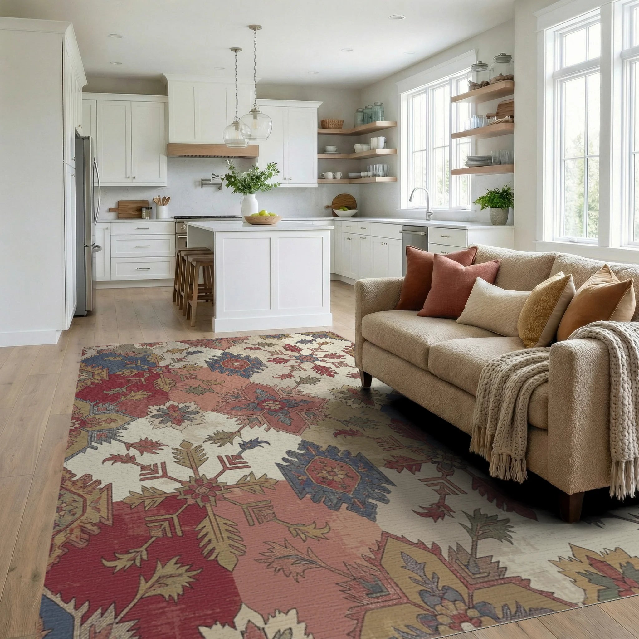 Vintage Red Blue Medallion Patchwork Rug Living Room View