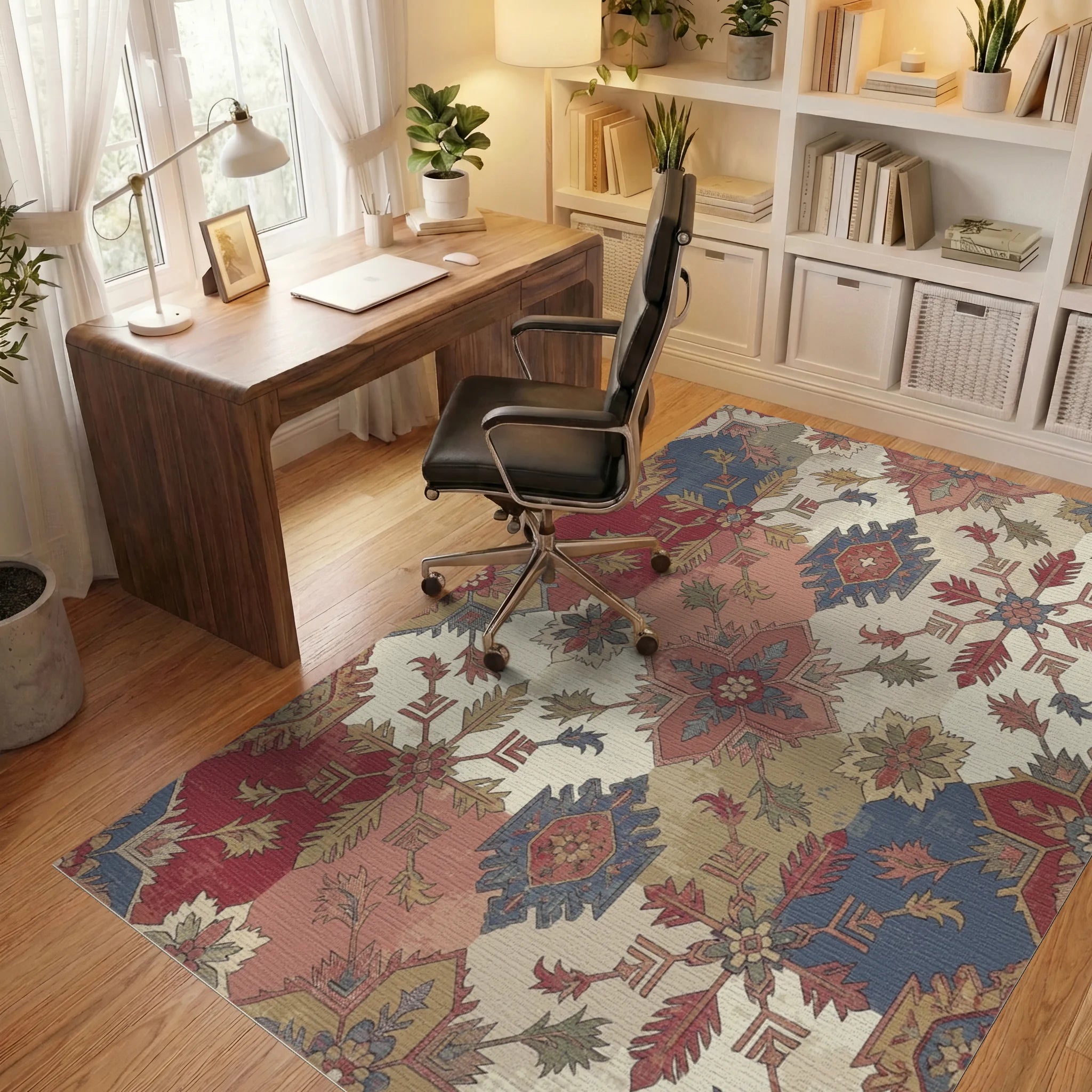 Vintage Red Blue Medallion Patchwork Rug Office View