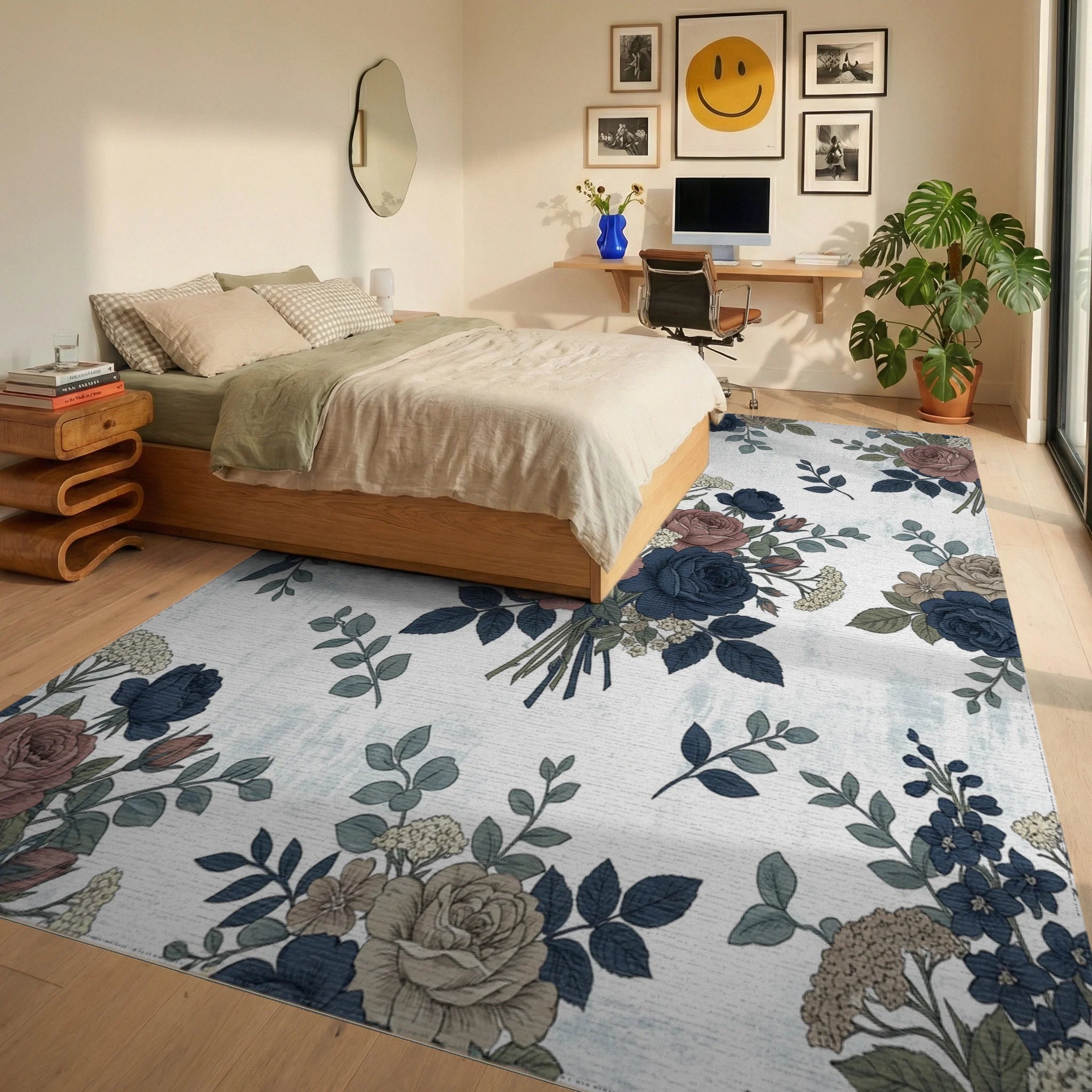 Vintage Rose and Navy Bouquet Rug Bedroom View