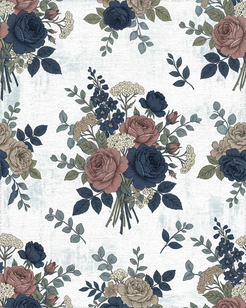 Vintage Rose and Navy Bouquet Rug - Cutout View