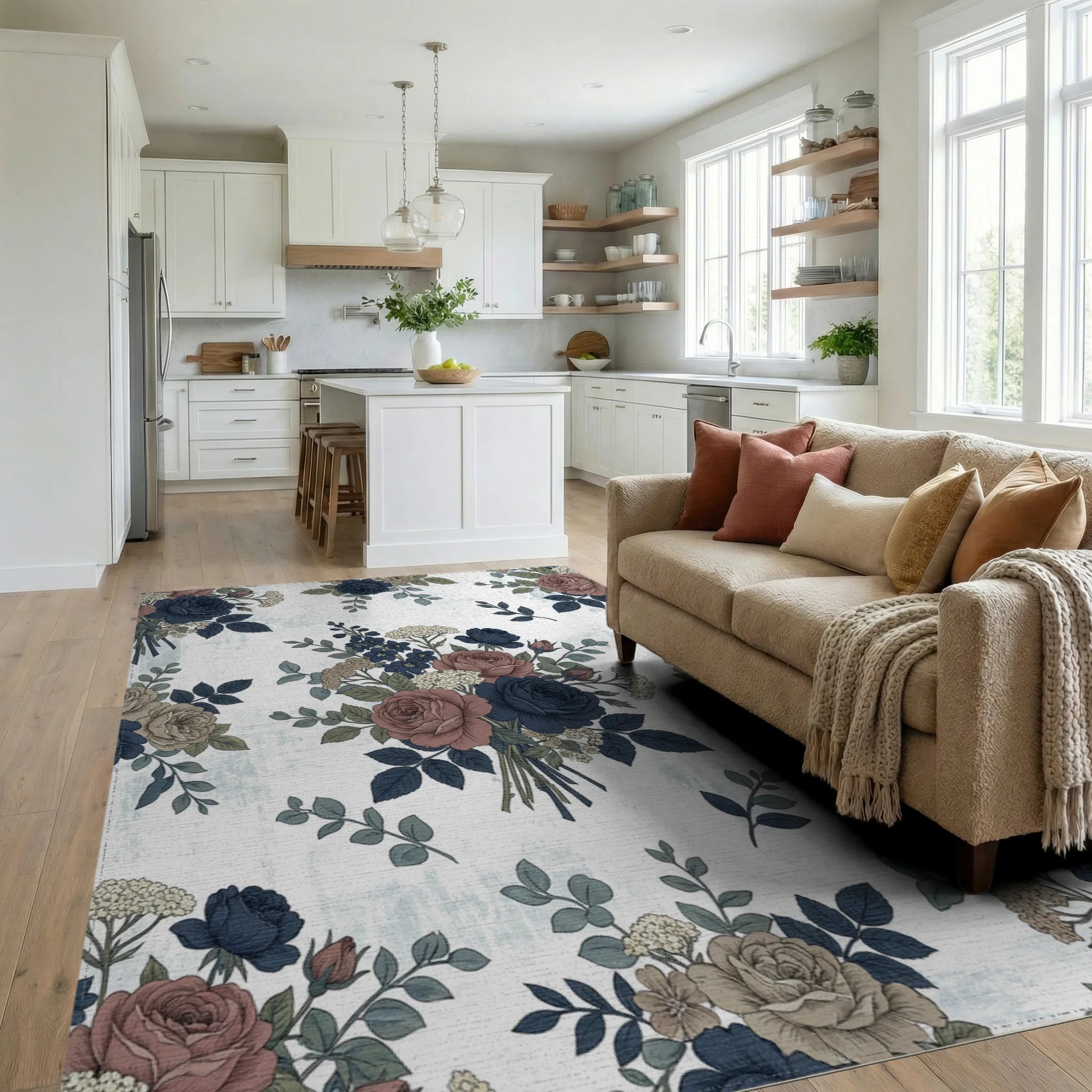 Vintage Rose and Navy Bouquet Rug Living Room View