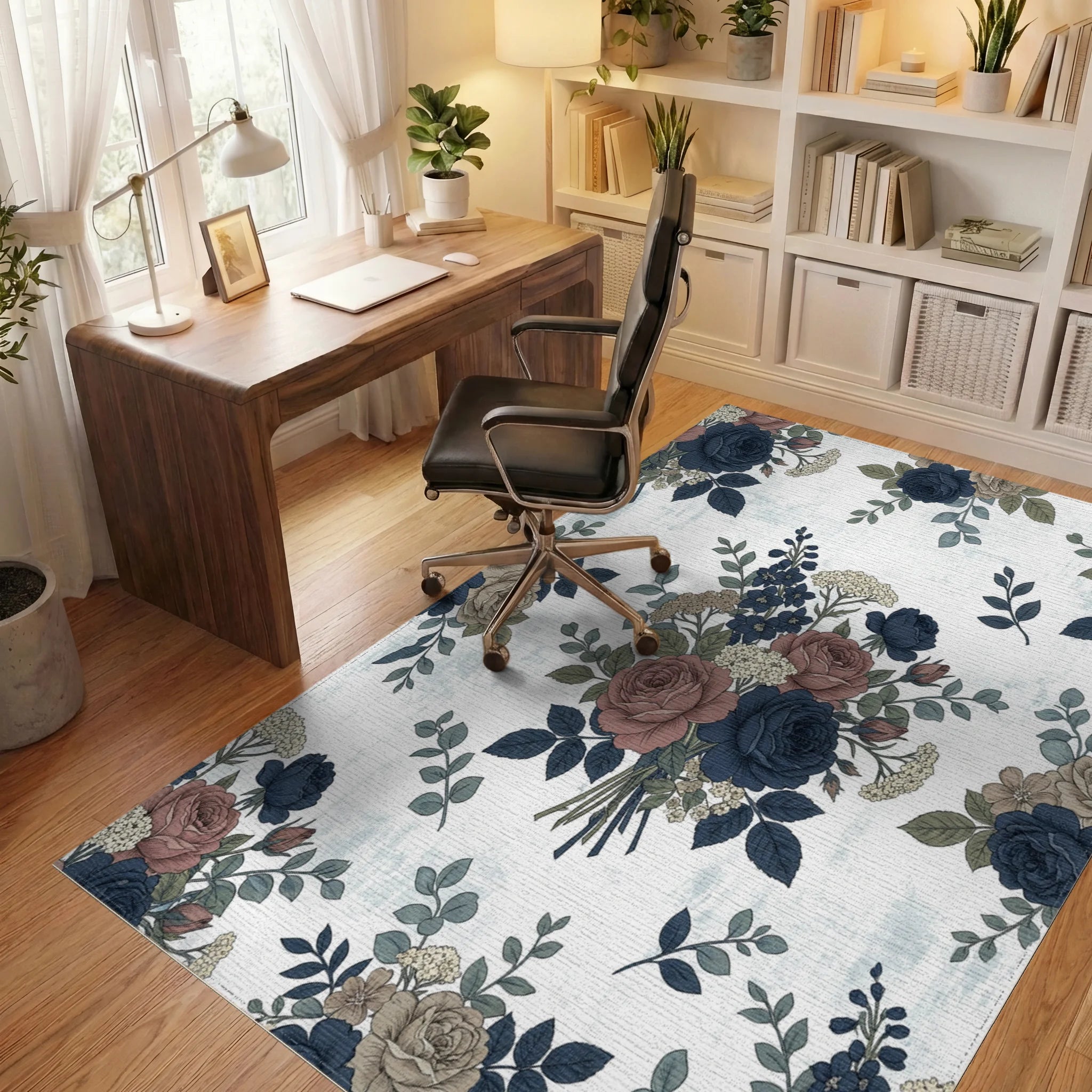 Vintage Rose and Navy Bouquet Rug Office View