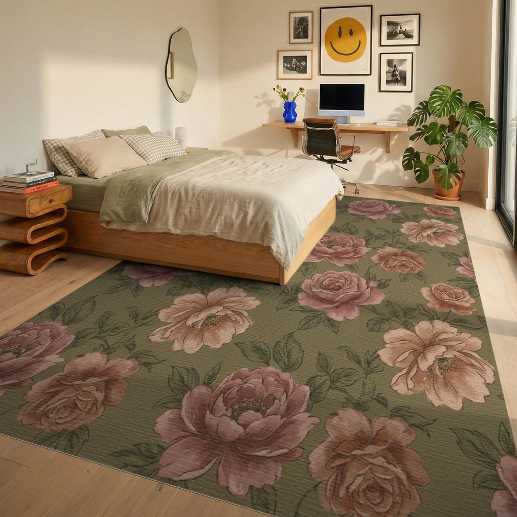 Vintage Rose Blossom Garden Rug Bedroom View