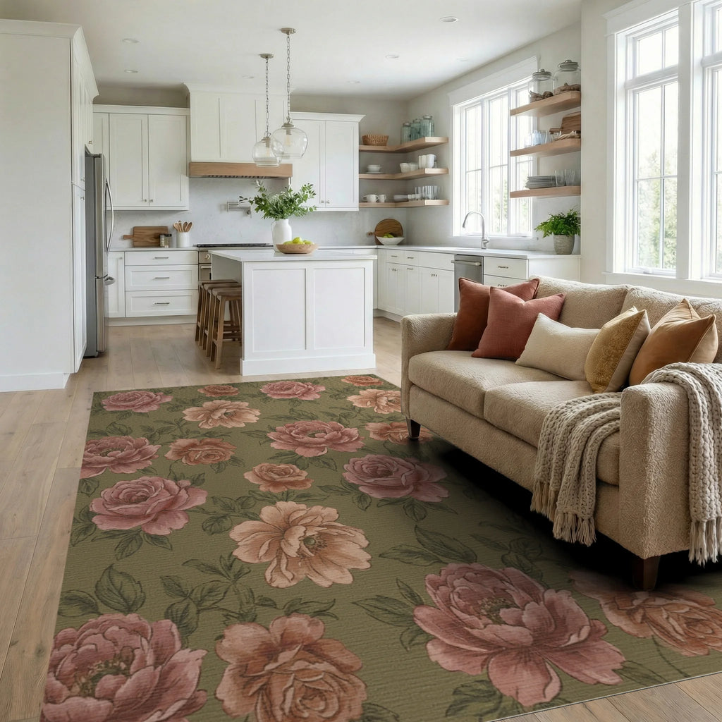 Vintage Rose Blossom Garden Rug Living Room View