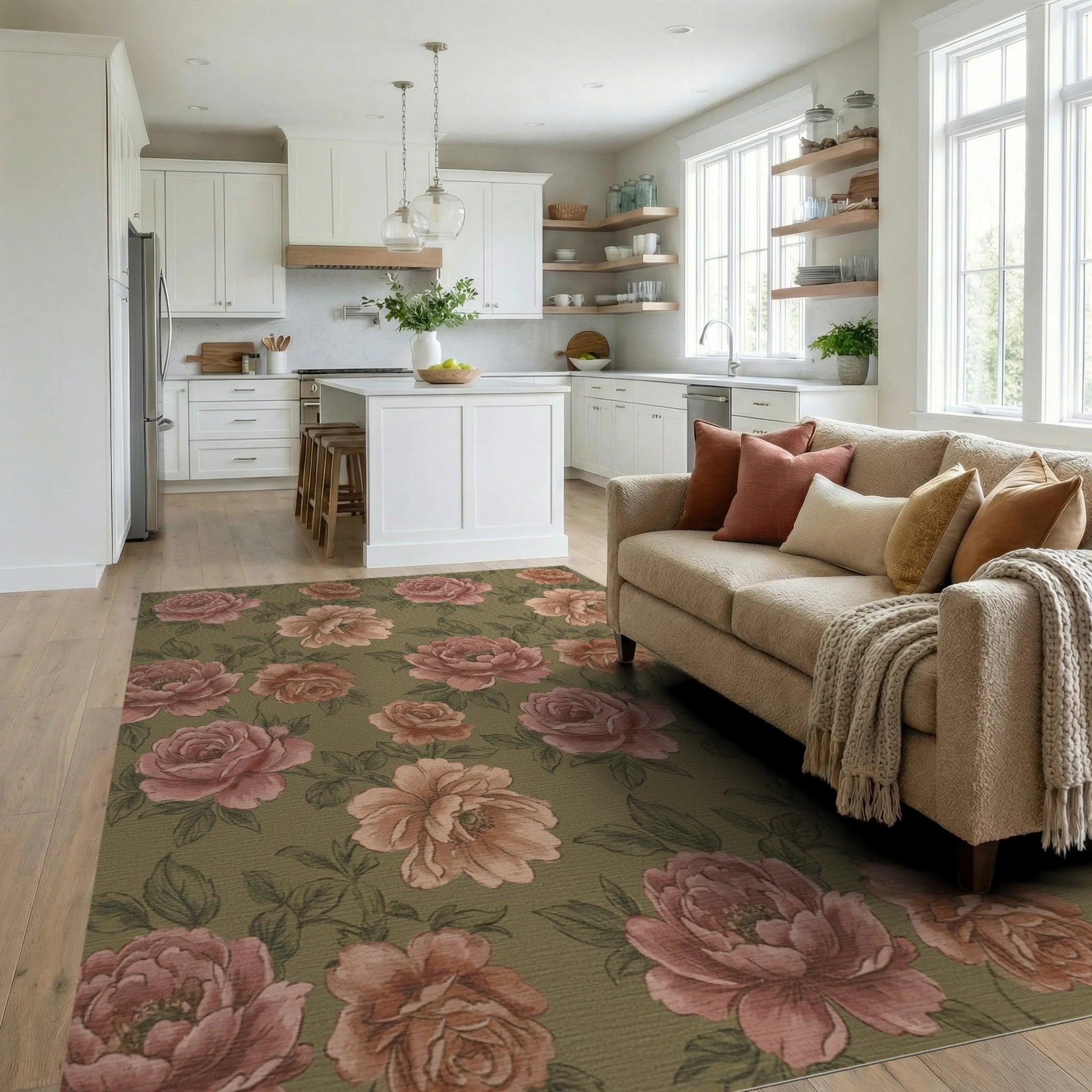 Vintage Rose Blossom Garden Rug Living Room View