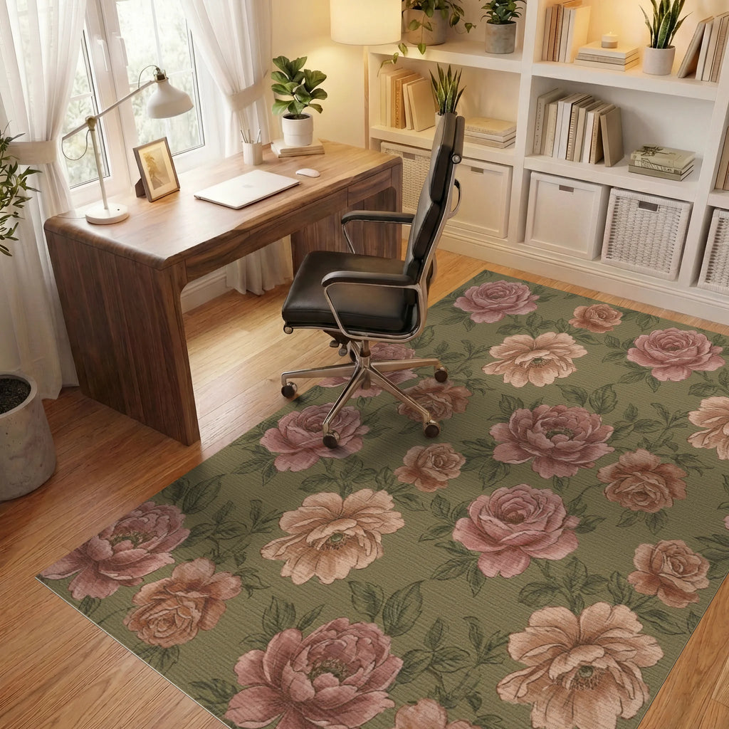 Vintage Rose Blossom Garden Rug Office View