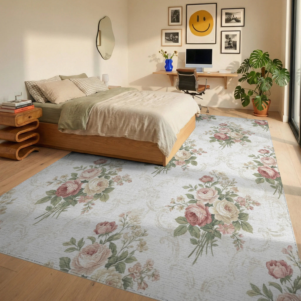 Vintage Rose Bouquet Damask Rug Bedroom View