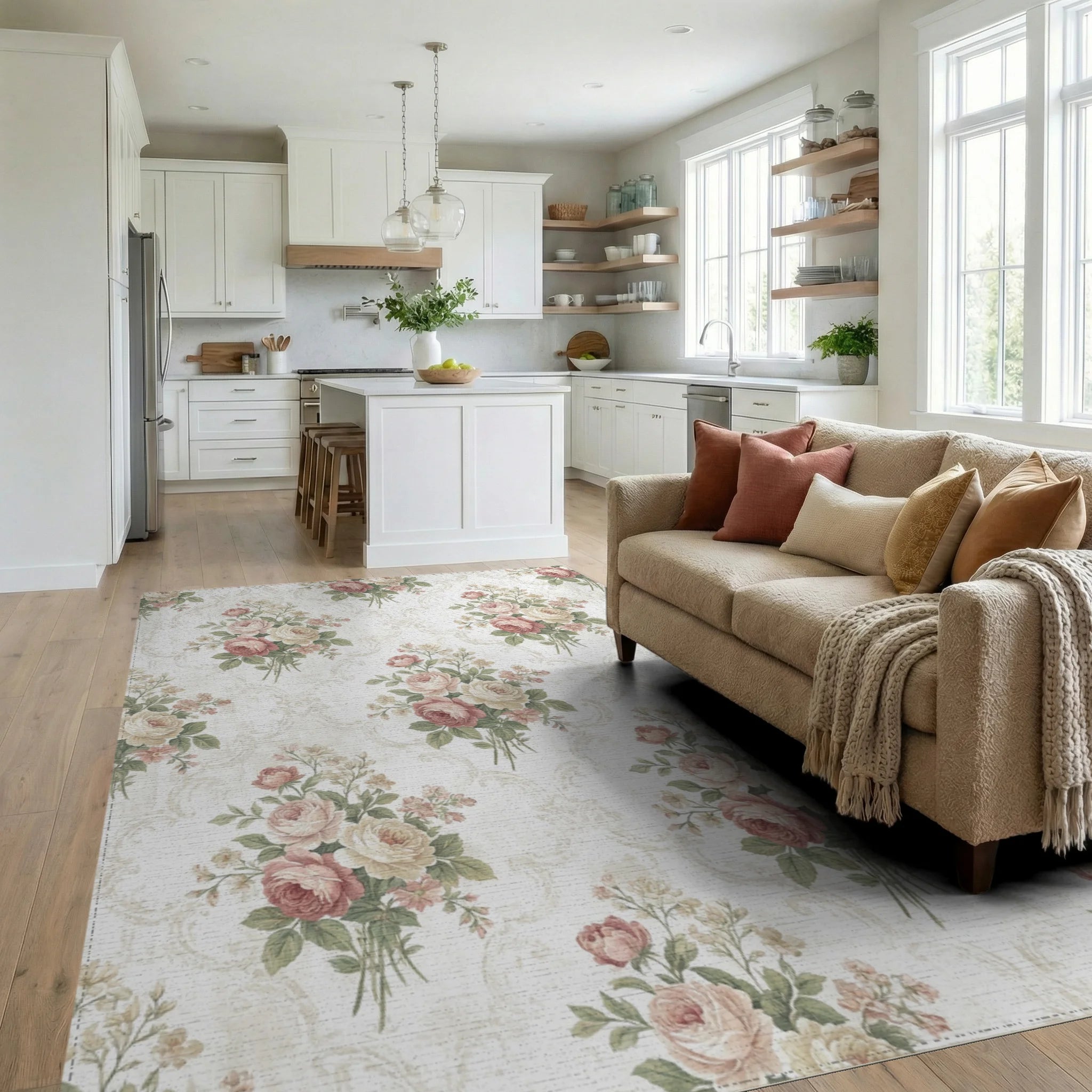 Vintage Rose Bouquet Damask Rug Living Room View