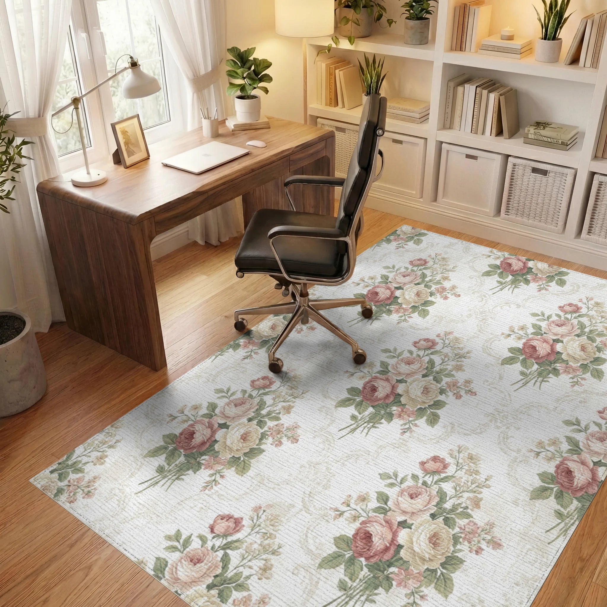 Vintage Rose Bouquet Damask Rug Office View
