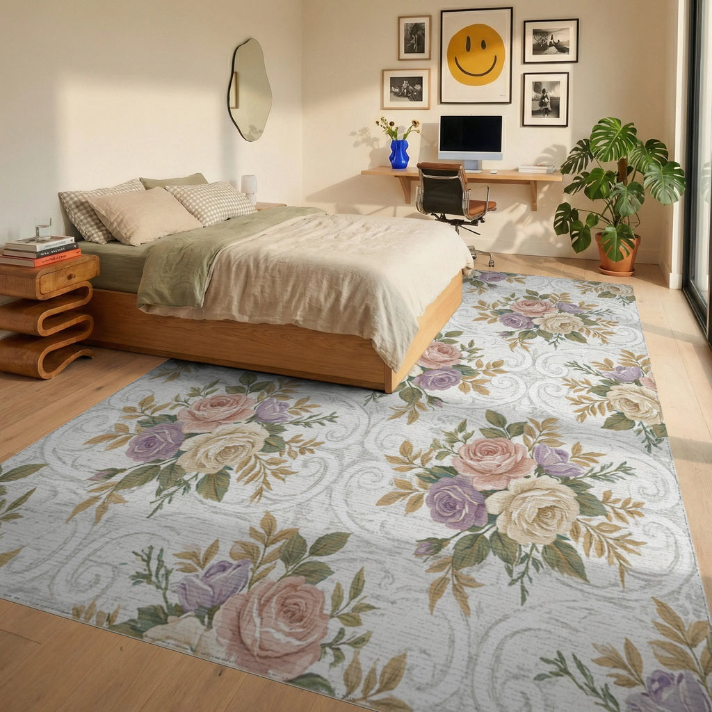 Vintage Rose Garden Scroll Work Rug Bedroom View