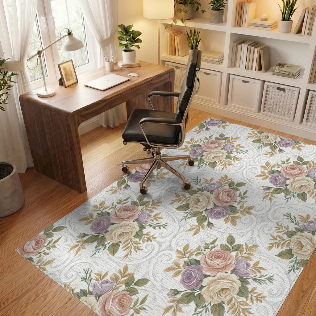 Vintage Rose Garden Scroll Work Rug Office View