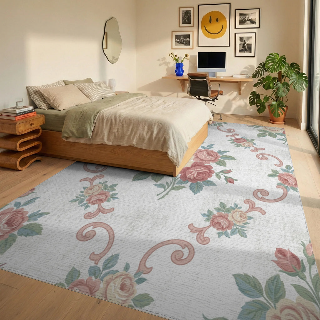 Vintage Rose Garland Floral Rug Bedroom View